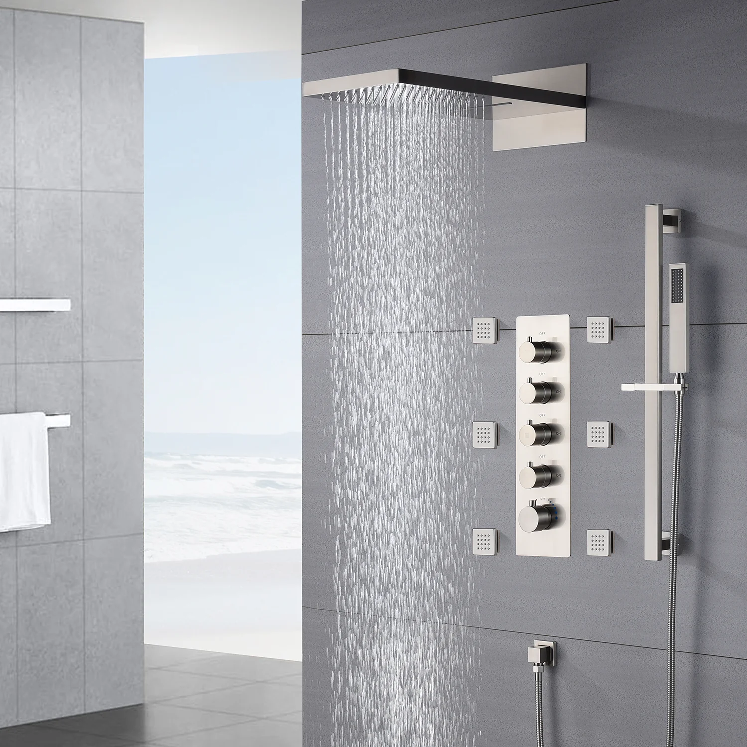 The Ultimate 22'' Brushed Nickel or brushed gold 4-Way Thermostatic Shower Faucet with Waterfall, Rain Massage, Body Jet Spray, and Sliding Bar - Image 6