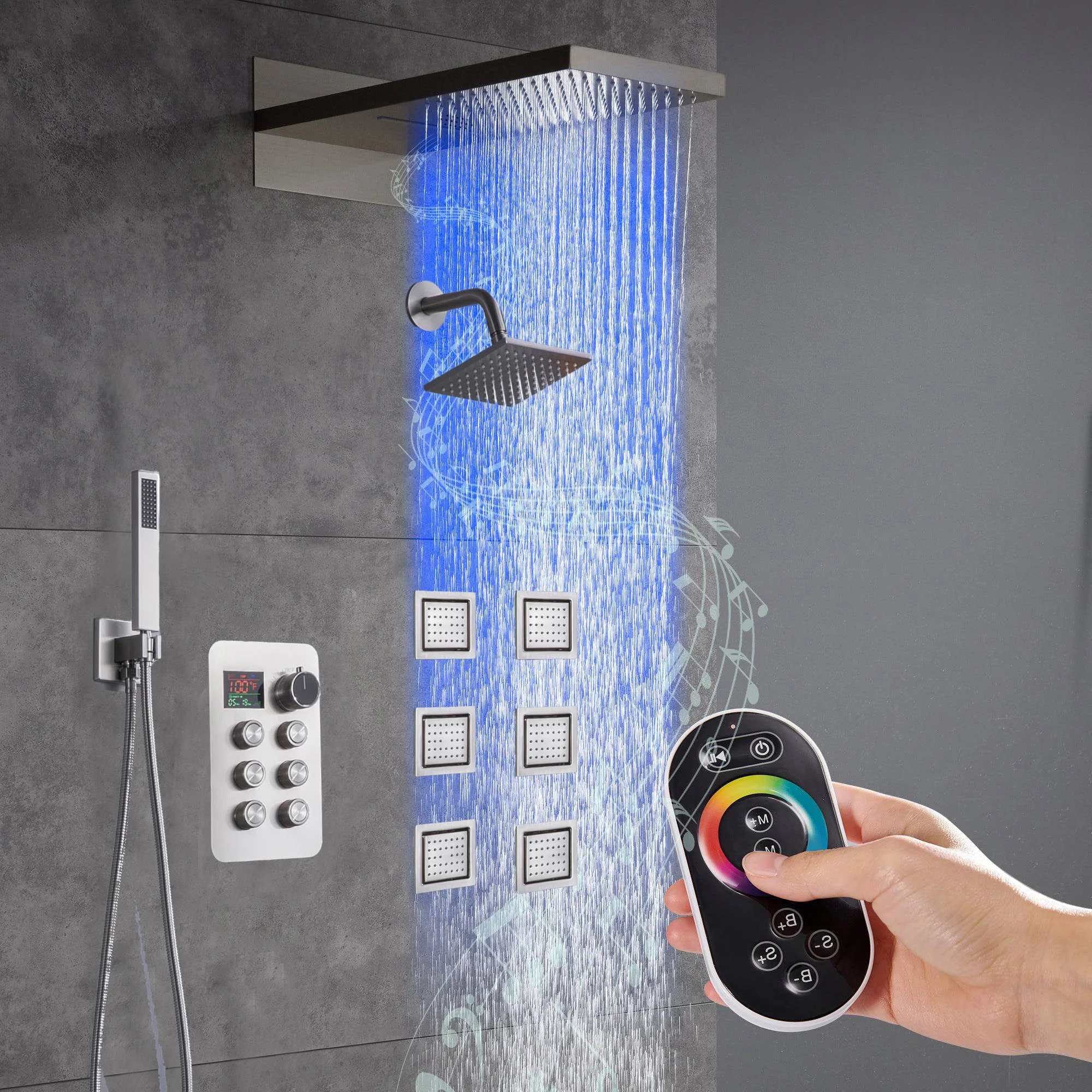 22" Rainfall Waterfall 64 Led Light and Bluetooth Music Shower System with 6-Way Thermostatic Faucet, Single Regular Head,6 Body Jets - Image 18