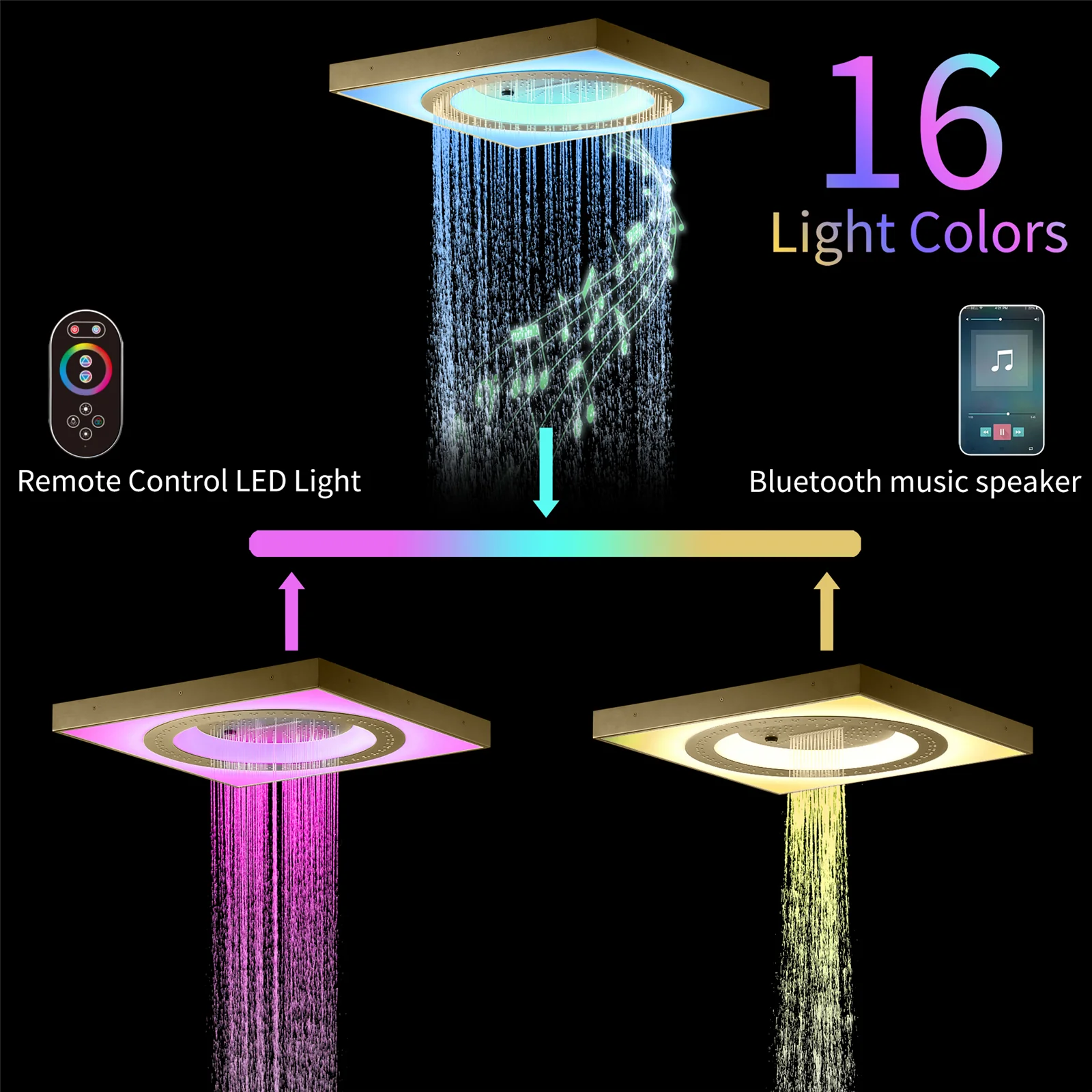 24" 3-Function Flush Mount Shower Head with LED, Bluetooth, 3 Finish Options - Image 16
