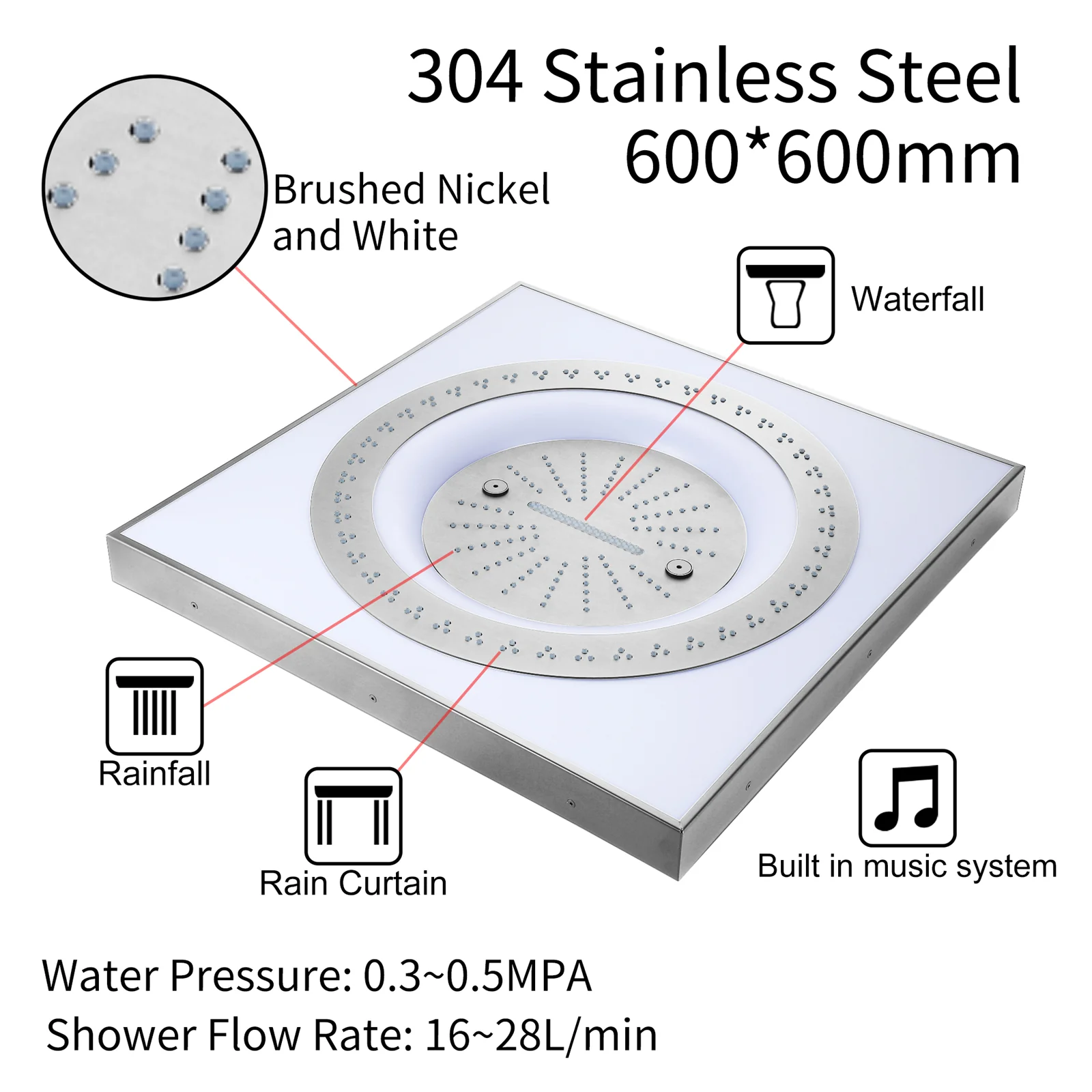 24" 3-Function Flush Mount Shower Head with LED, Bluetooth, 3 Finish Options - Image 29