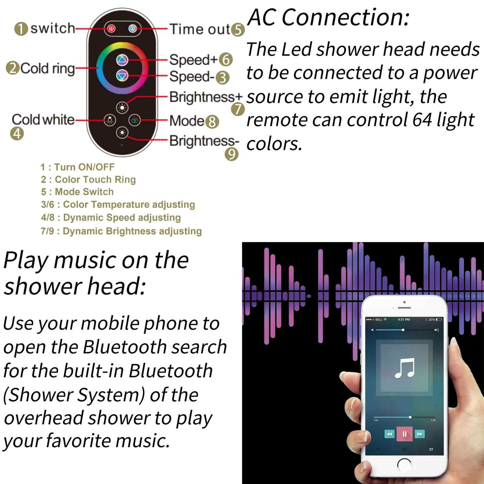 24" 3-Function Flush Mount Shower Head with LED, Bluetooth, 3 Finish Options - Image 33