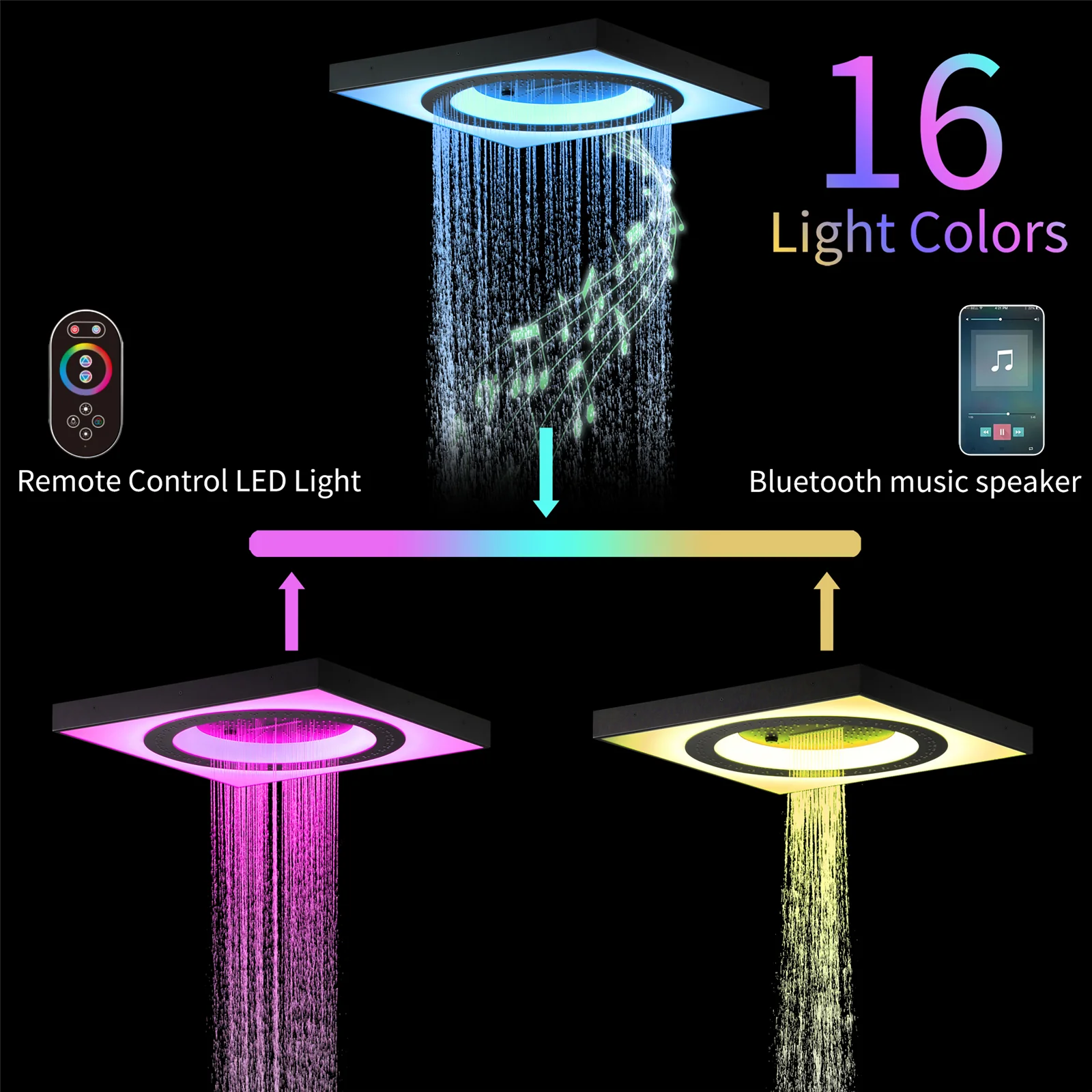 24" 3-Function Flush Mount Shower Head with LED, Bluetooth, 3 Finish Options - Image 5