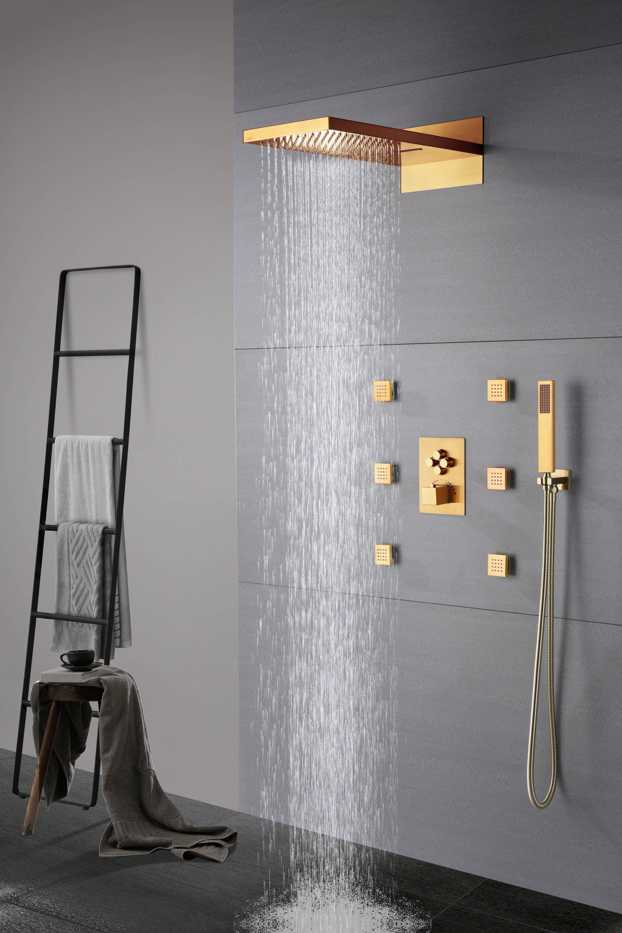 22inch rainfall waterfall Polished gold 4 way Thermostatic Shower valve system that each function run all together and separately - Image 2
