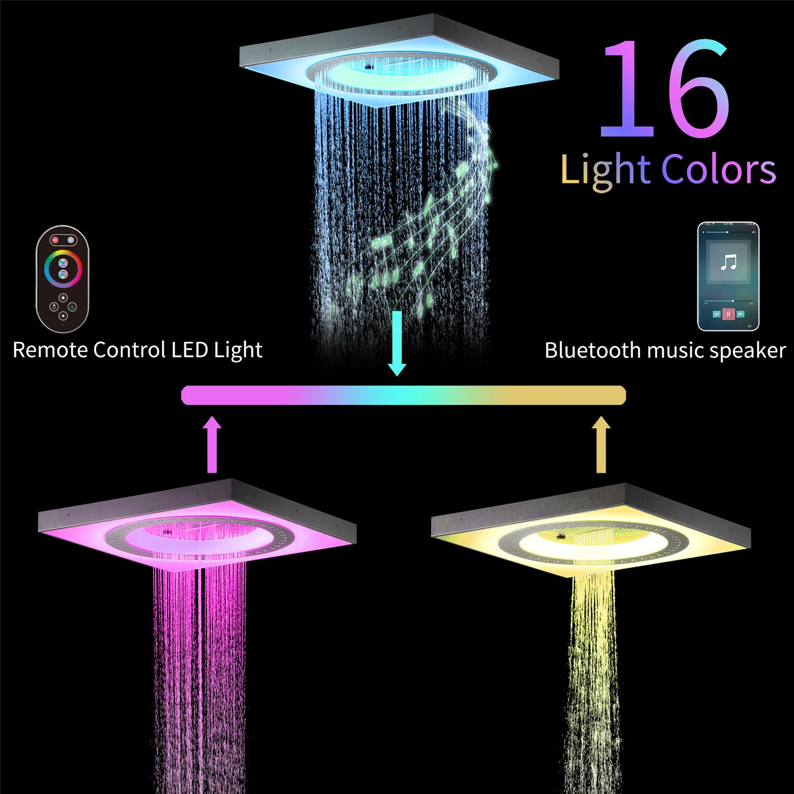 24" Flush LED Mount Rainfall Waterfall 6-Way Digital Shower System With Dual Regular Head and 6 Body Jets - Image 48