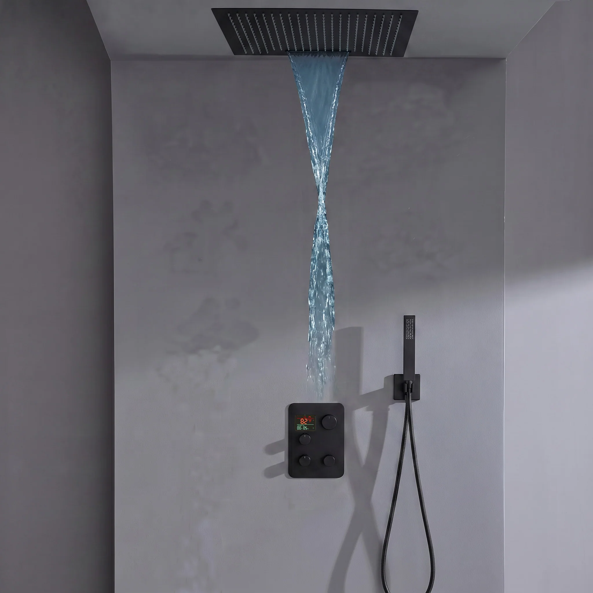 24 inch flush mount rainfall waterfall shower head 3 way thermostatic shower faucet with handle wand - Image 7