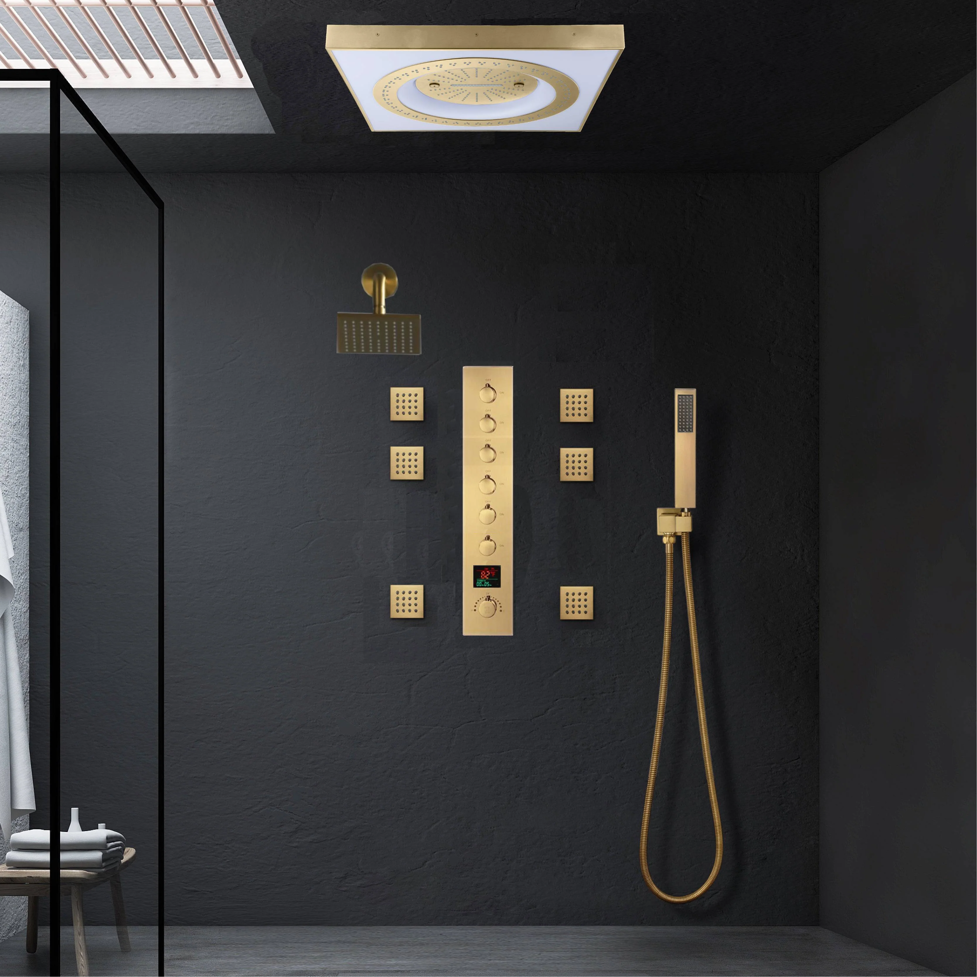24" Flush LED Mount Rainfall Waterfall 6-Way Digital Shower System With Regular Head and 6 Body Jets - Image 20