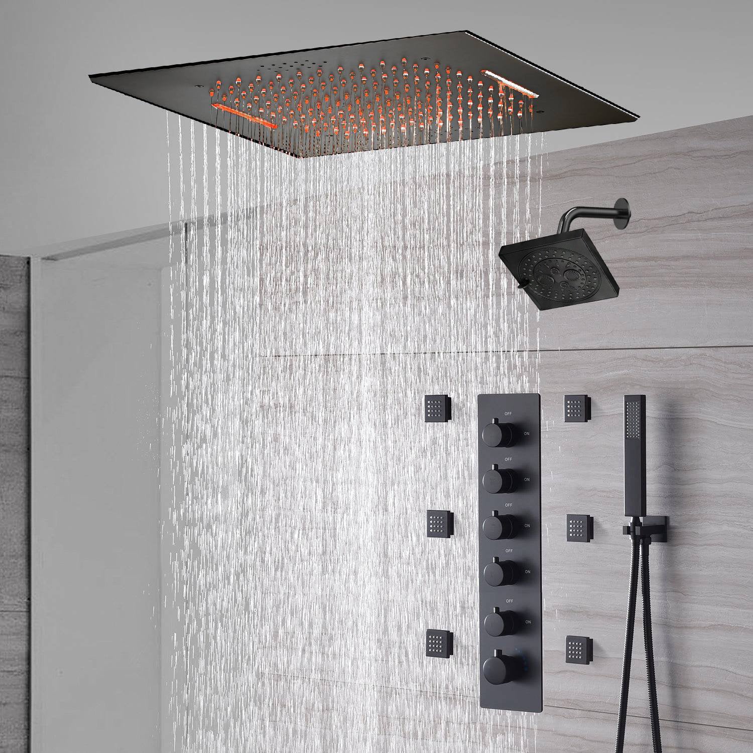 20-Inch or 24-Inch Flush Mount Rainfall Waterfall Shower System: Complete with 5-Way Thermostatic Valve and 6 Body Jets and Regular Head - Image 2
