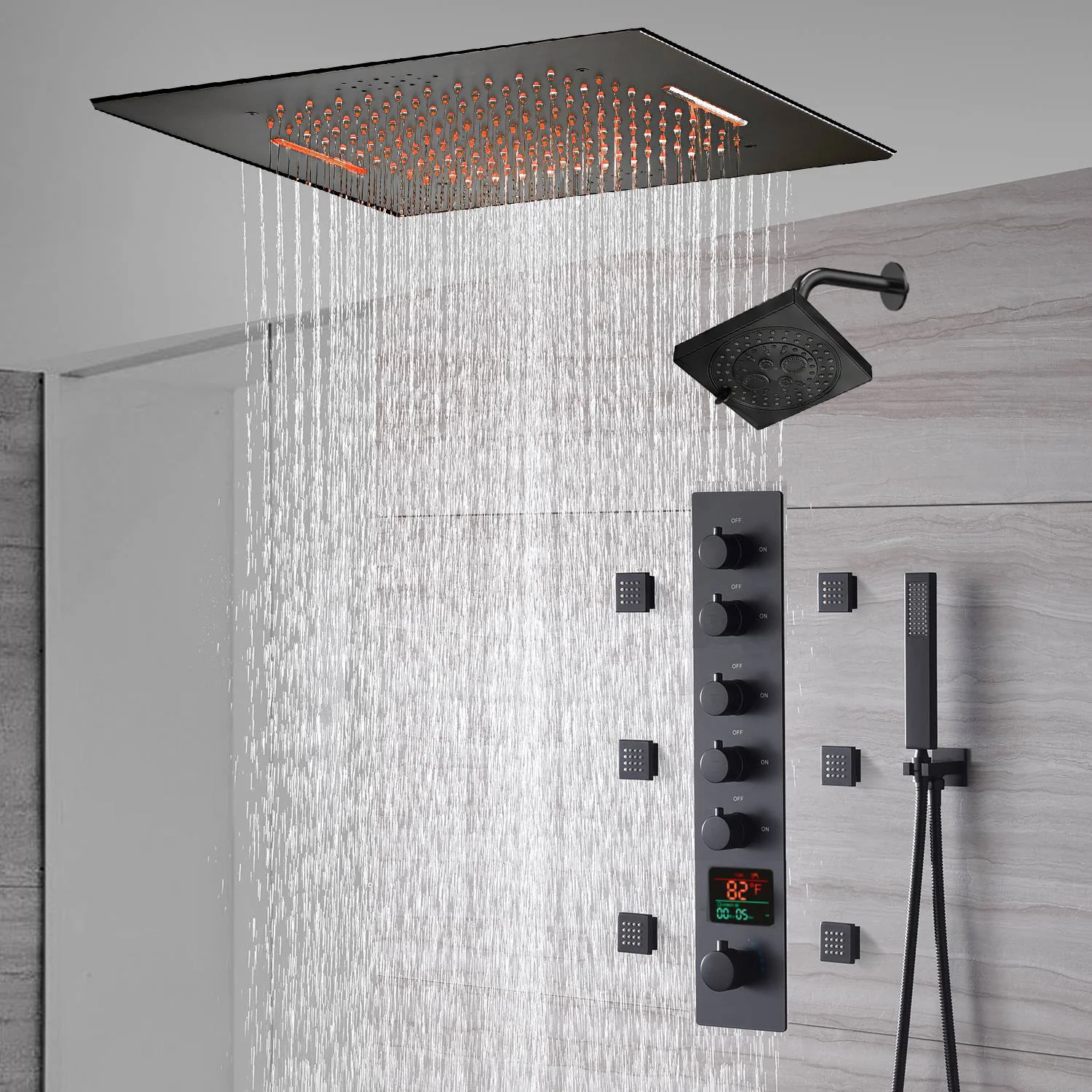 20-Inch or 24-Inch Flush Mount Rainfall Waterfall Shower System: Complete with 5-Way Thermostatic Valve and 6 Body Jets and Regular Head - Image 6