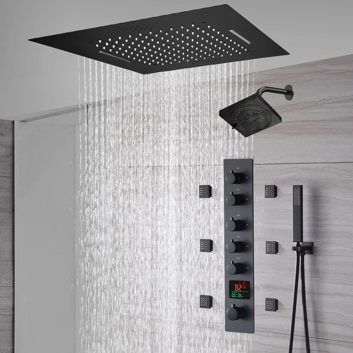 20-Inch or 24-Inch Flush Mount Rainfall Waterfall Shower System: Complete with 5-Way Thermostatic Valve and 6 Body Jets and Regular Head - Image 8