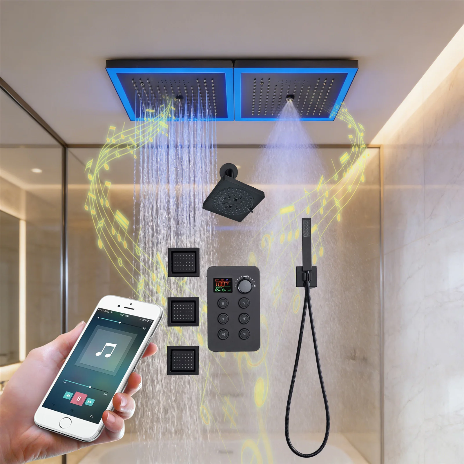 24 x 12 inch rainfall mist 64 led light bluetooth music shower head 6 way shower faucet with regular head and handle wand, Body Jets - Image 2
