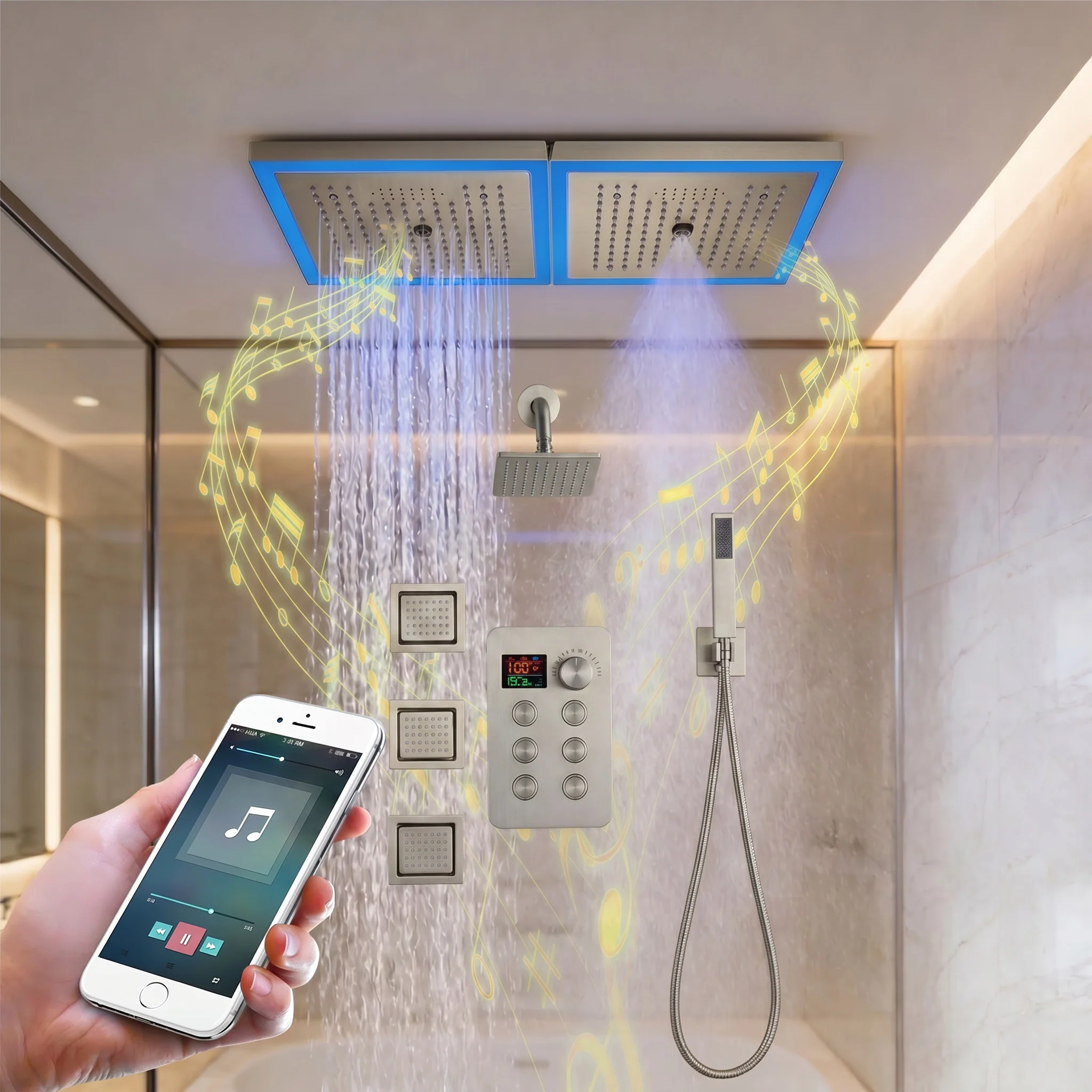 24 x 12 inch rainfall mist 64 led light bluetooth music shower head 6 way shower faucet with regular head and handle wand, Body Jets - Image 3