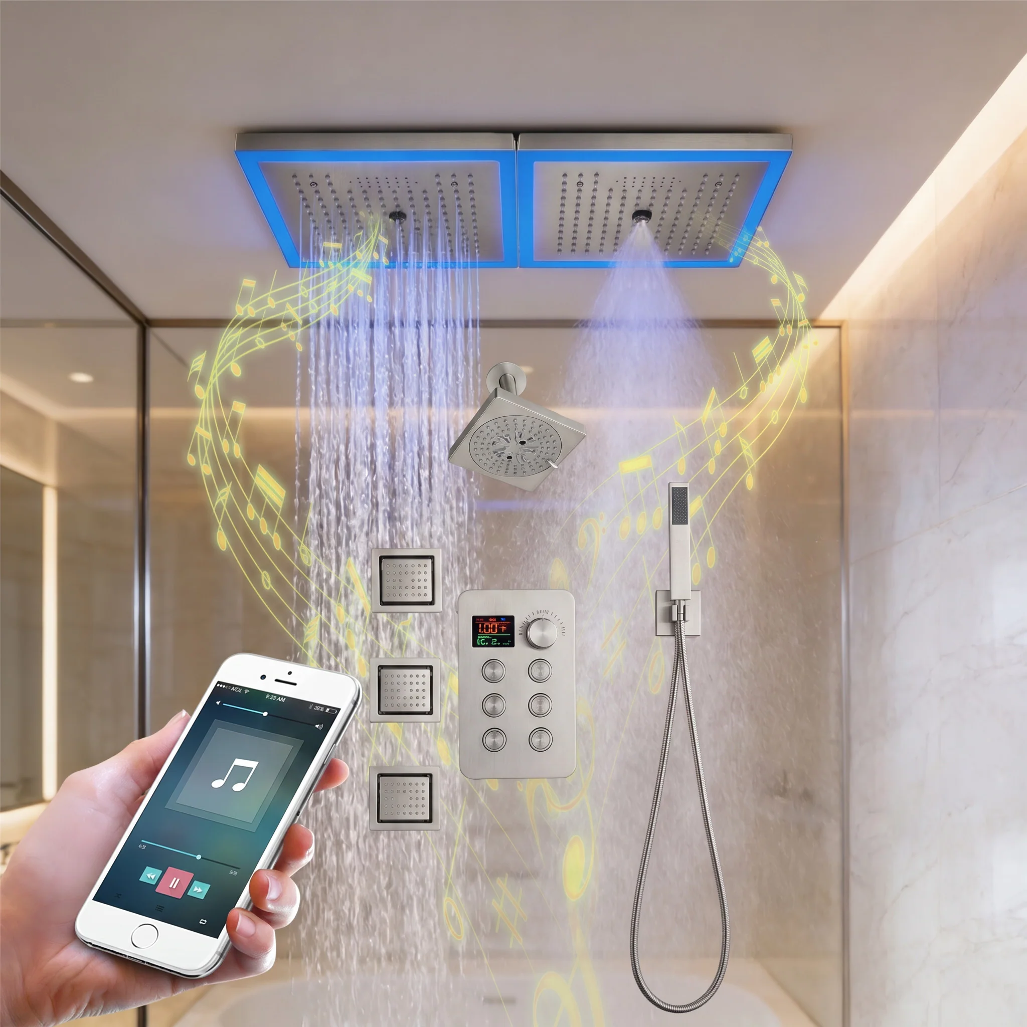 24 x 12 inch rainfall mist 64 led light bluetooth music shower head 6 way shower faucet with regular head and handle wand, Body Jets - Image 4