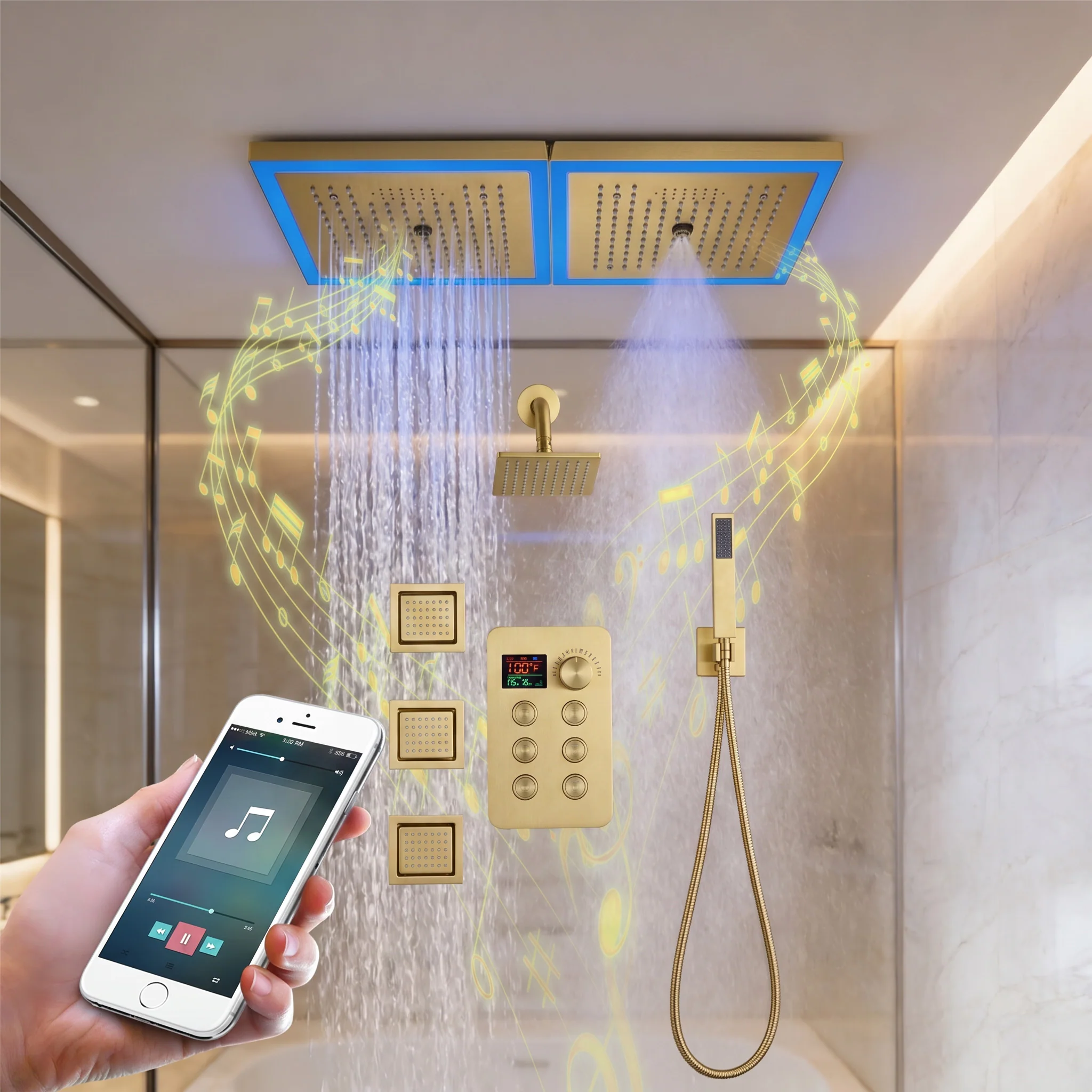 24 x 12 inch rainfall mist 64 led light bluetooth music shower head 6 way shower faucet with regular head and handle wand, Body Jets - Image 5