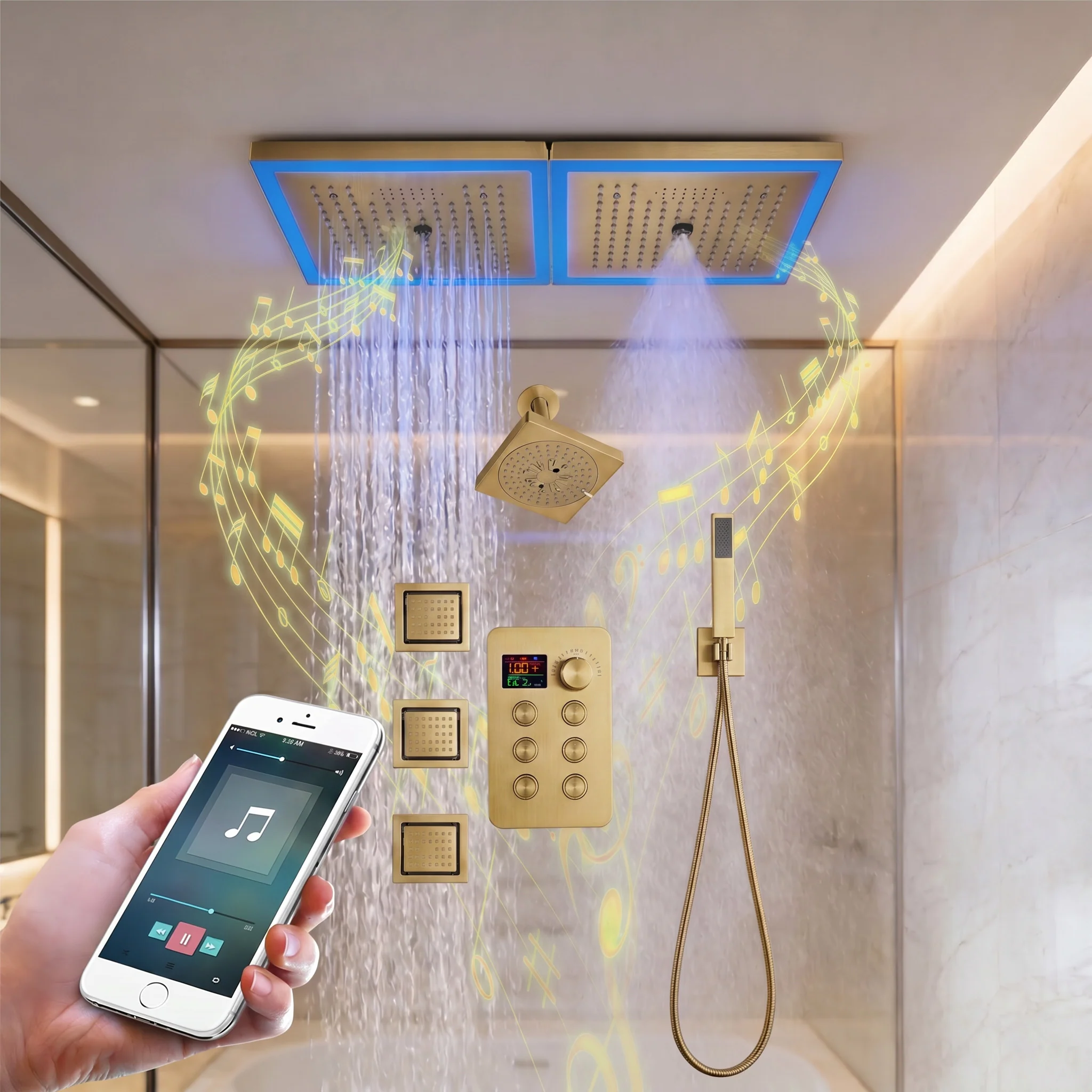 24 x 12 inch rainfall mist 64 led light bluetooth music shower head 6 way shower faucet with regular head and handle wand, Body Jets - Image 6