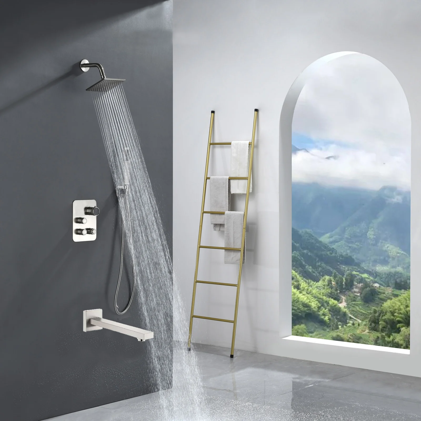 Brushed nickel Regular shower head 3 functions Thermostatic Mixer System  Shower Faucet Set Tub Spout Bath - Image 11