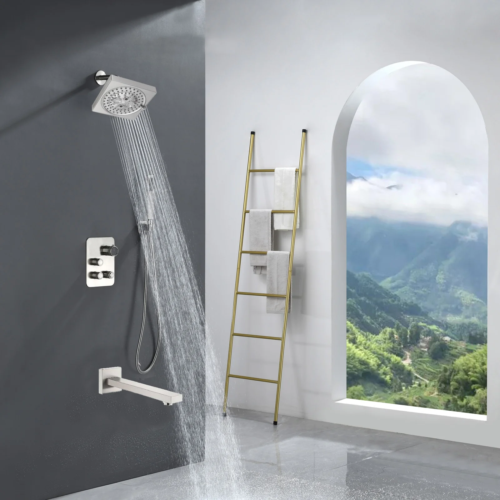 Brushed nickel Regular shower head 3 functions Thermostatic Mixer System  Shower Faucet Set Tub Spout Bath - Image 12
