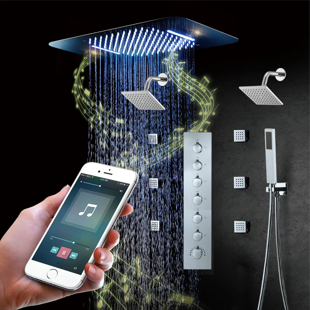 64 LED colors chrome music led flushed in 23x15inch shower head 5 or 6 way thermostatic faucet with dual regular heads