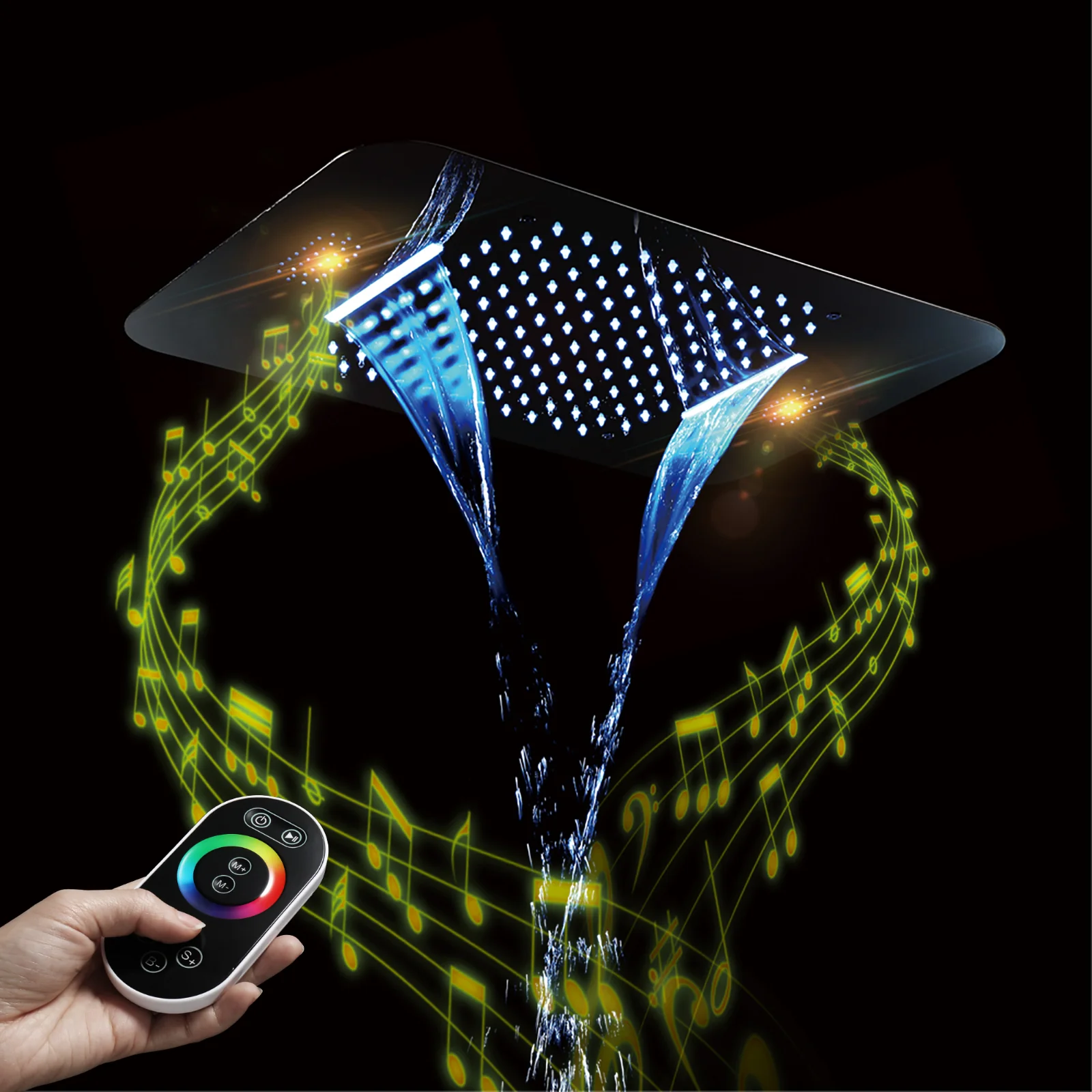 64 LED colors chrome music led flushed in 23x15inch shower head 4 way thermostatic valve that each function run at the same time and separately - Image 11