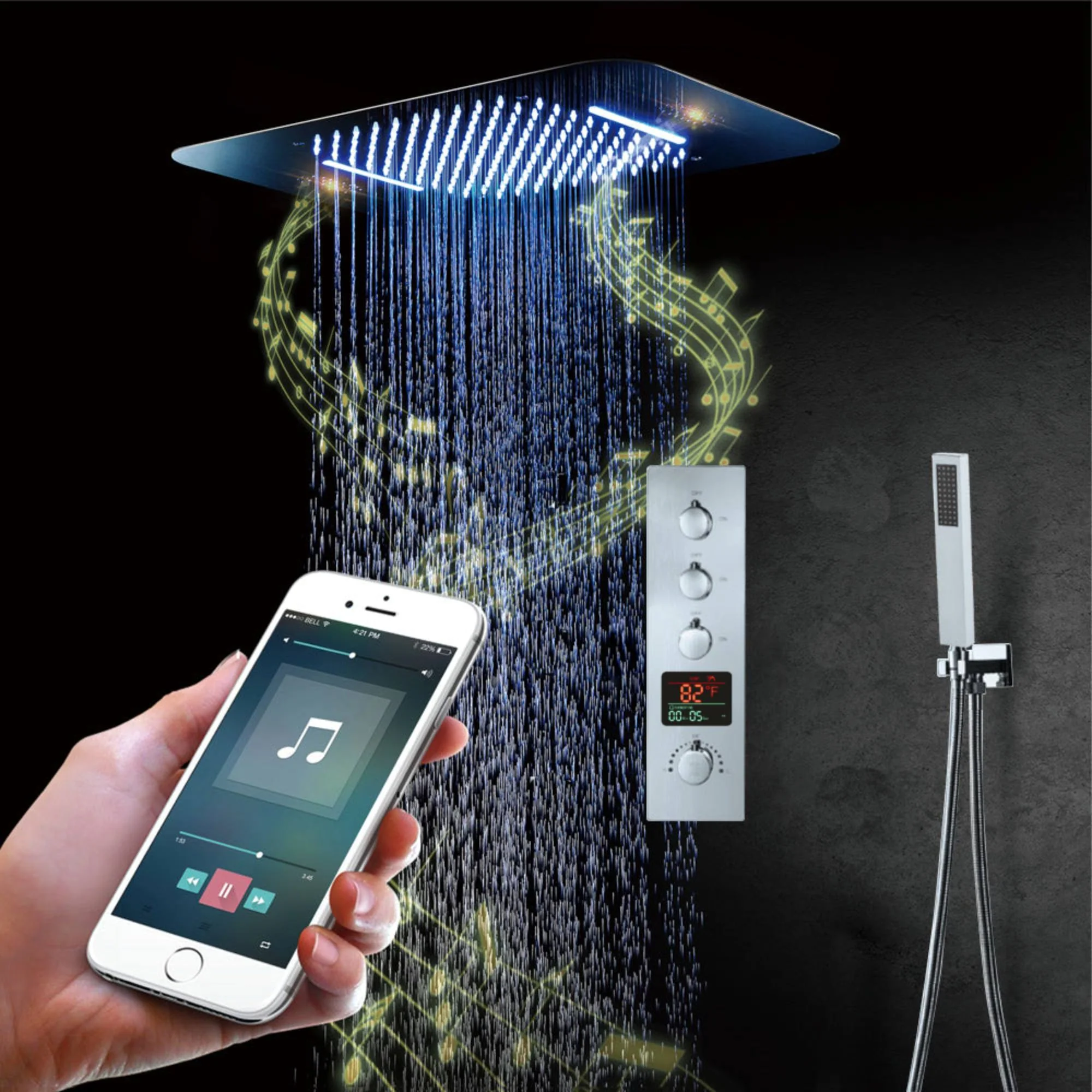 64 LED colors chrome music led flushed in 23x15inch shower head 3 way thermostatic Shower Faucet that each function run at the same time and separately