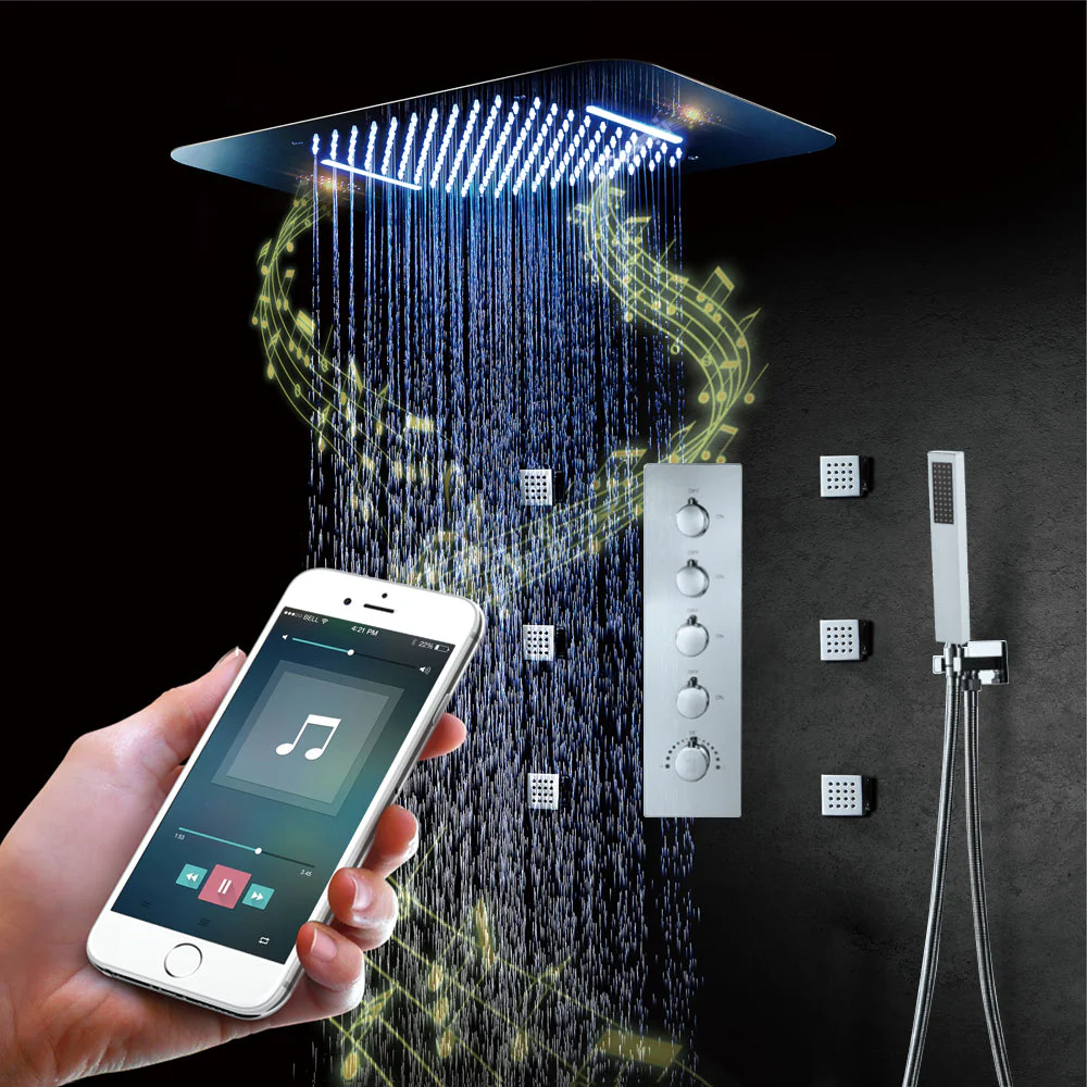 64 LED colors chrome music led flushed in 23x15inch shower head 3 way thermostatic Shower Faucet that each function run at the same time and separately - Image 3