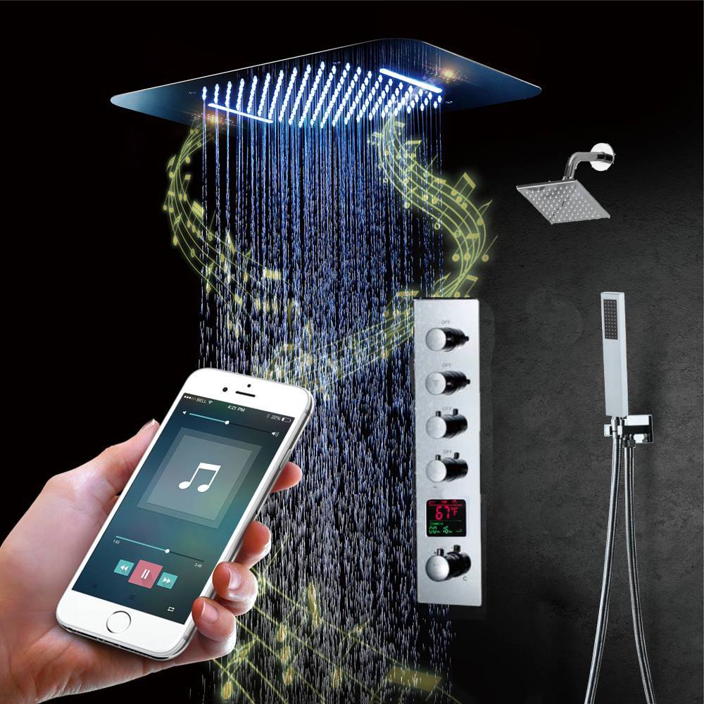 64 LED colors chrome music led flushed in 23x15inch shower head 4 way thermostatic valve that each function run at the same time and separately