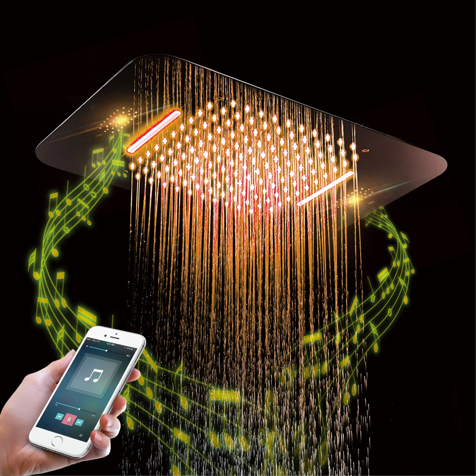 64 LED colors chrome music led flushed in 23x15inch shower head 4 way thermostatic valve that each function run at the same time and separately - Image 9