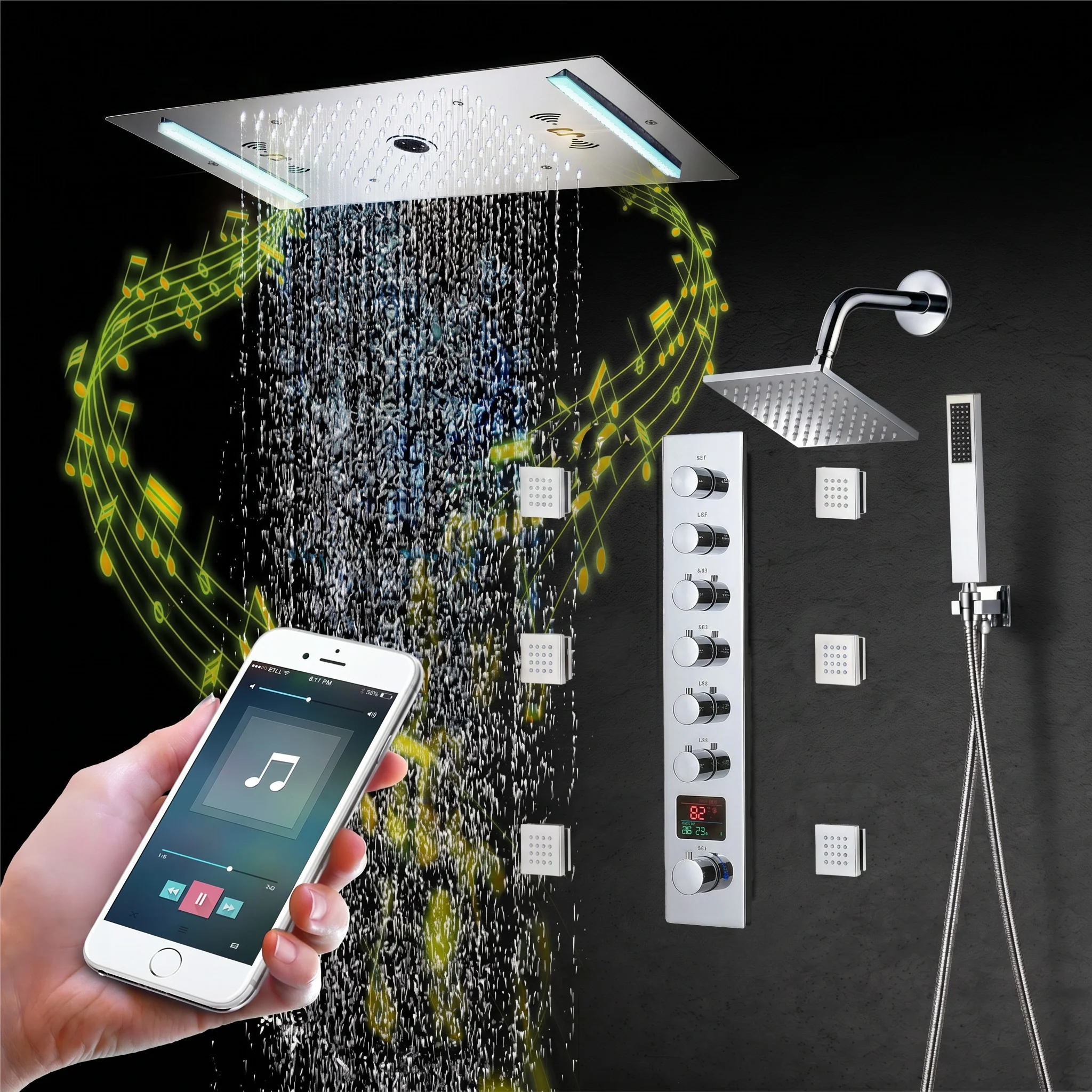 64 LED colors music led flushed in 24x12 inch 3 functions shower head 6 way thermostatic shower faucet with 6'' regular head and 6 body jets