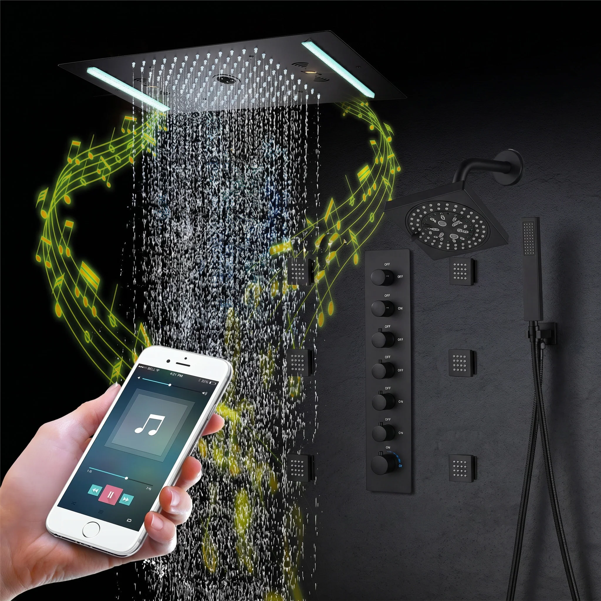 64 LED colors music led flushed in 24x12 inch 3 functions shower head 6 way thermostatic shower faucet with 6'' regular head and 6 body jets - Image 11