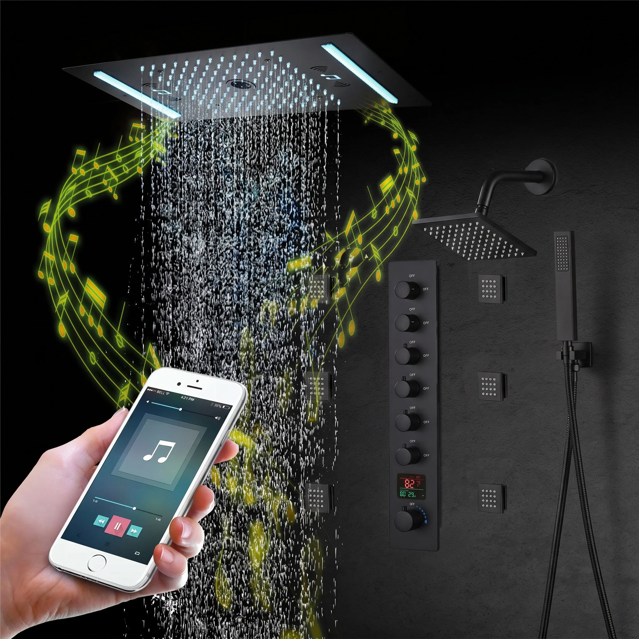 64 LED colors music led flushed in 24x12 inch 3 functions shower head 6 way thermostatic shower faucet with 6'' regular head and 6 body jets - Image 12