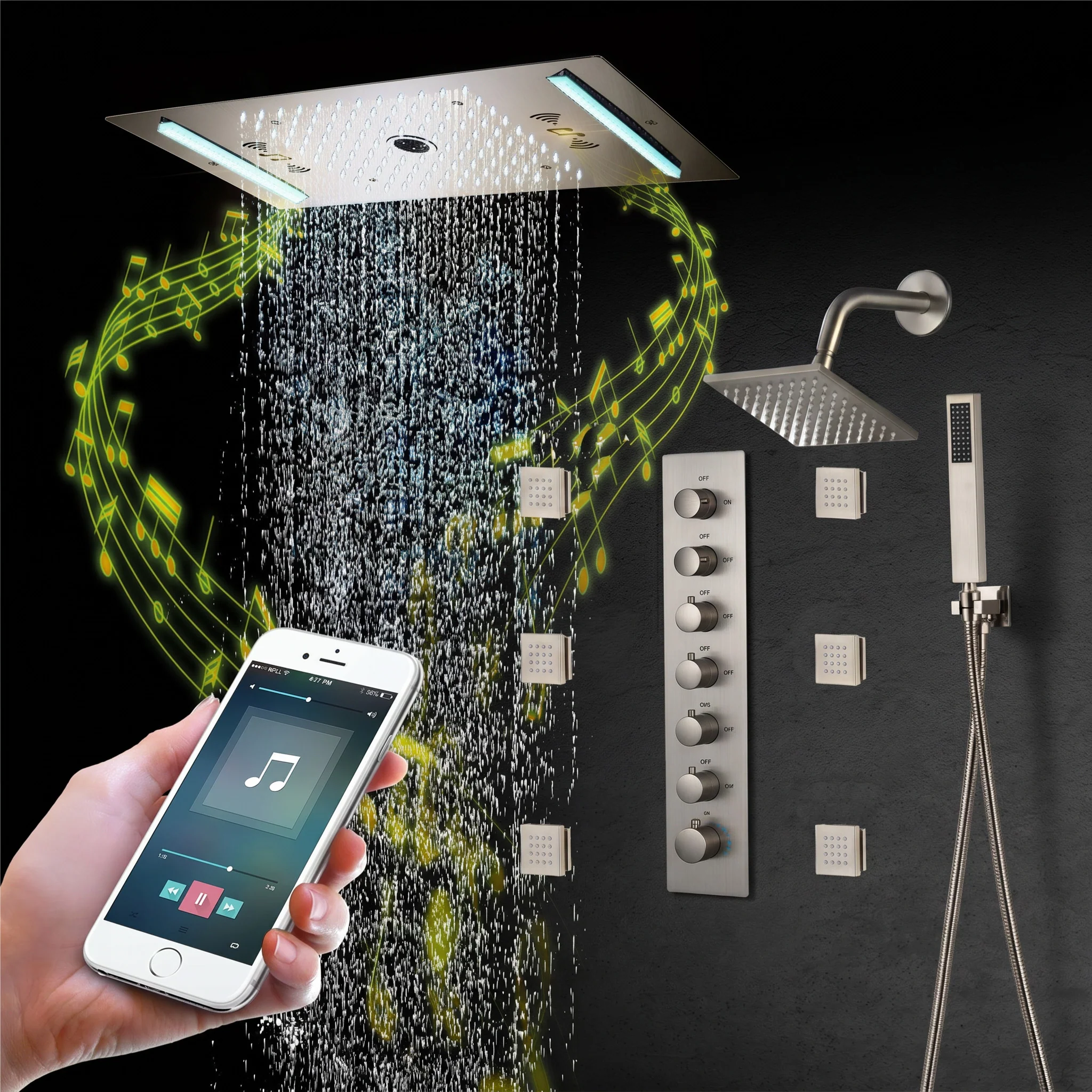 64 LED colors music led flushed in 24x12 inch 3 functions shower head 6 way thermostatic shower faucet with 6'' regular head and 6 body jets - Image 17