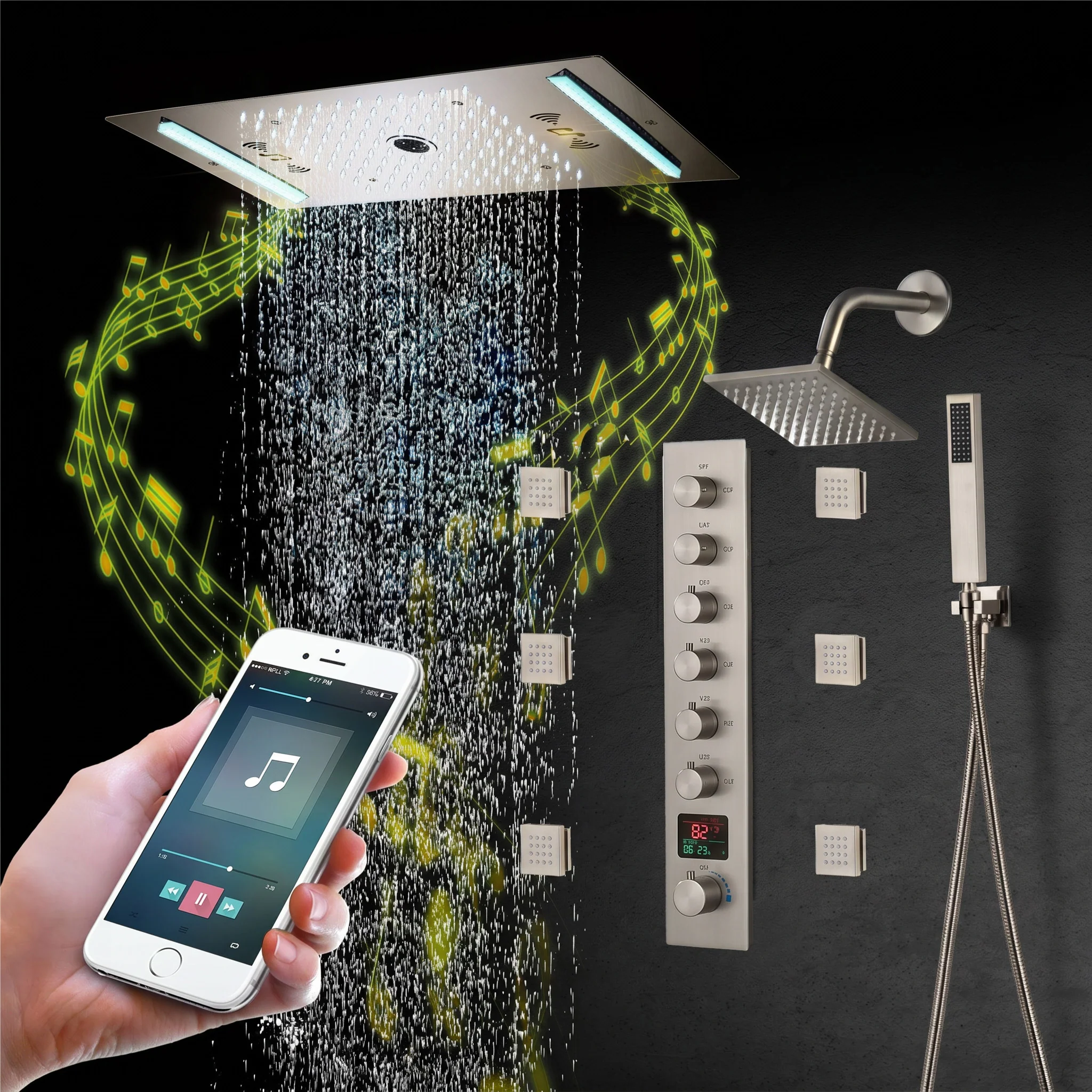 64 LED colors music led flushed in 24x12 inch 3 functions shower head 6 way thermostatic shower faucet with 6'' regular head and 6 body jets - Image 20