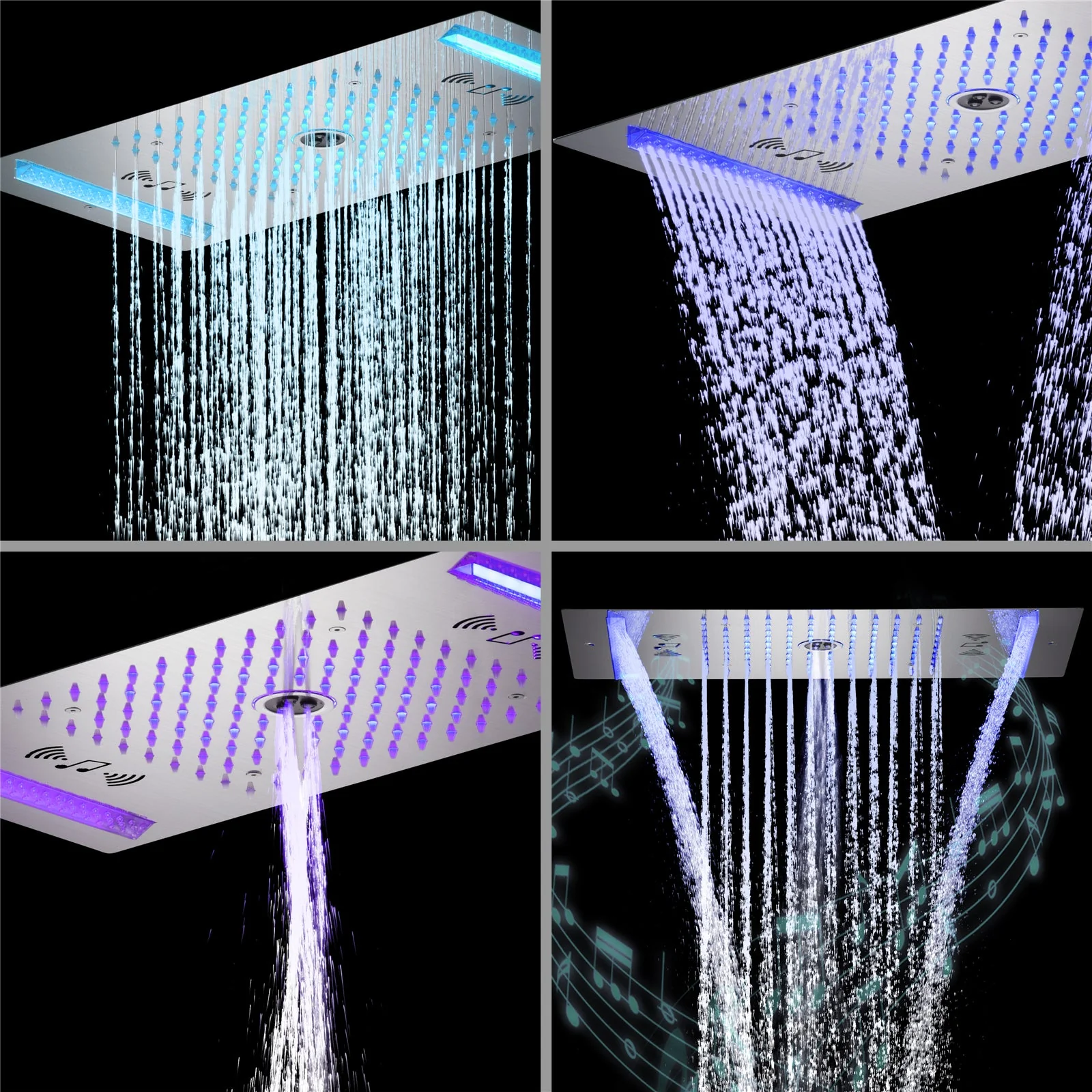 64 LED colors music led flushed in 24x12 inch 3 functions shower head 6 way thermostatic shower faucet with 6'' regular head and 6 body jets - Image 21