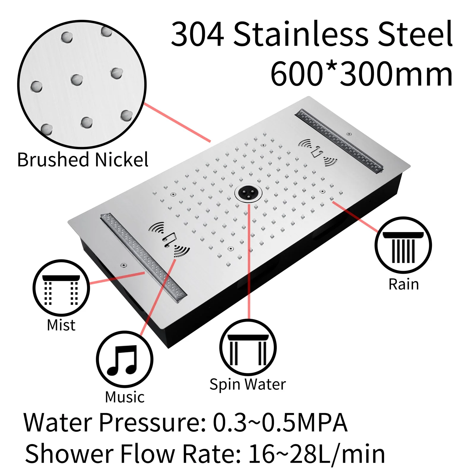 64 LED colors music led flushed in 24x12 inch 3 functions shower head 6 way thermostatic shower faucet with 6'' regular head and 6 body jets - Image 23