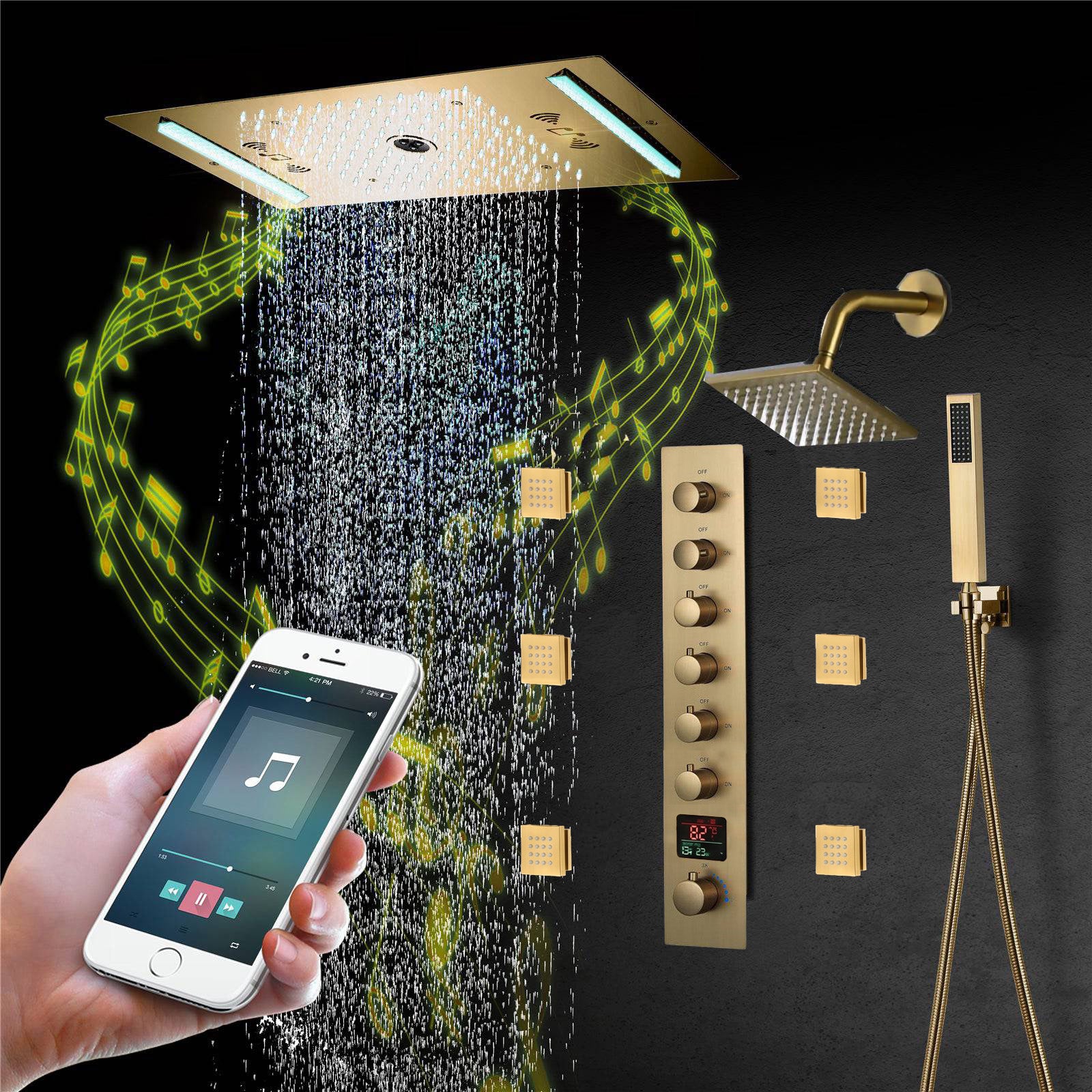 64 LED colors music led flushed in 24x12 inch 3 functions shower head 6 way thermostatic shower faucet with 6'' regular head and 6 body jets - Image 27