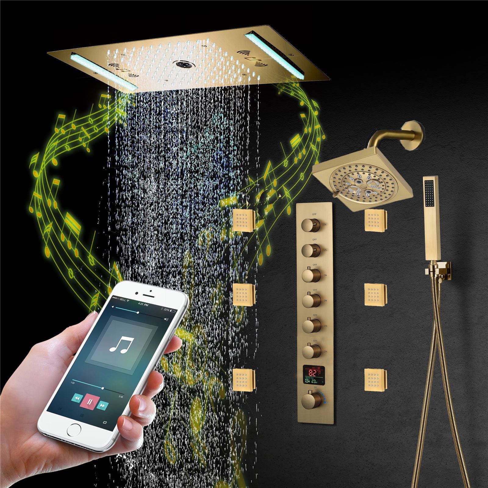 64 LED colors music led flushed in 24x12 inch 3 functions shower head 6 way thermostatic shower faucet with 6'' regular head and 6 body jets - Image 28