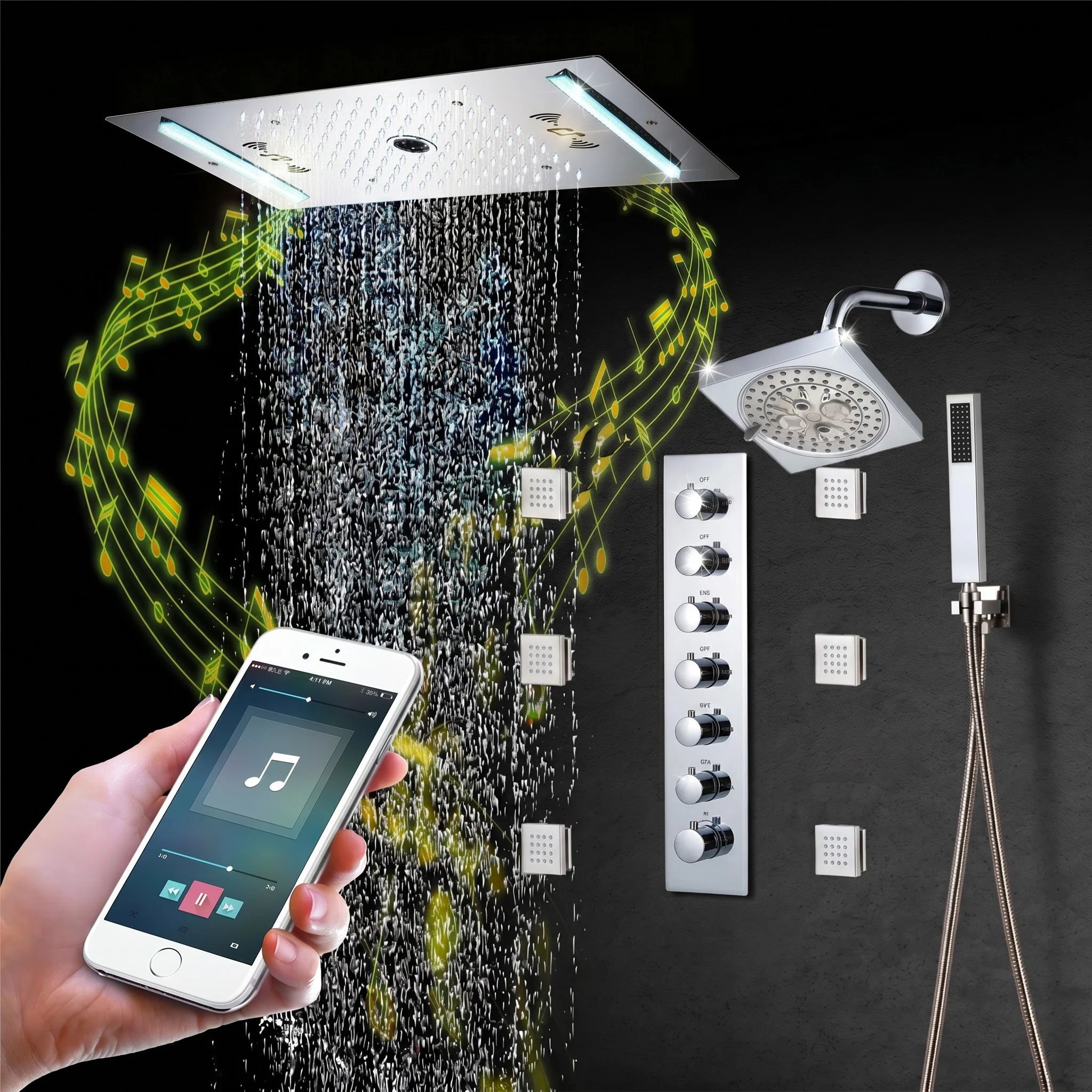 64 LED colors music led flushed in 24x12 inch 3 functions shower head 6 way thermostatic shower faucet with 6'' regular head and 6 body jets - Image 3