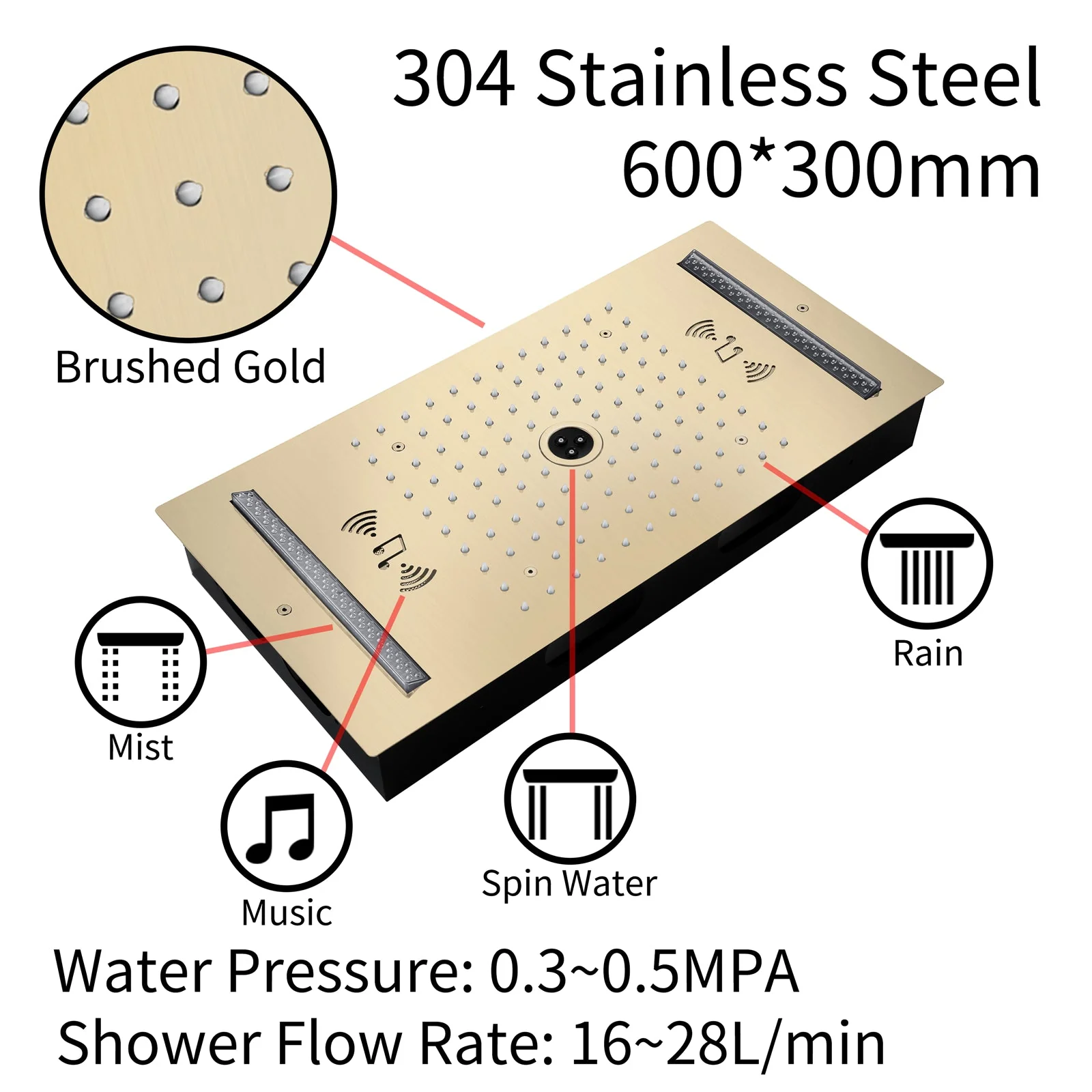 64 LED colors music led flushed in 24x12 inch 3 functions shower head 6 way thermostatic shower faucet with 6'' regular head and 6 body jets - Image 31