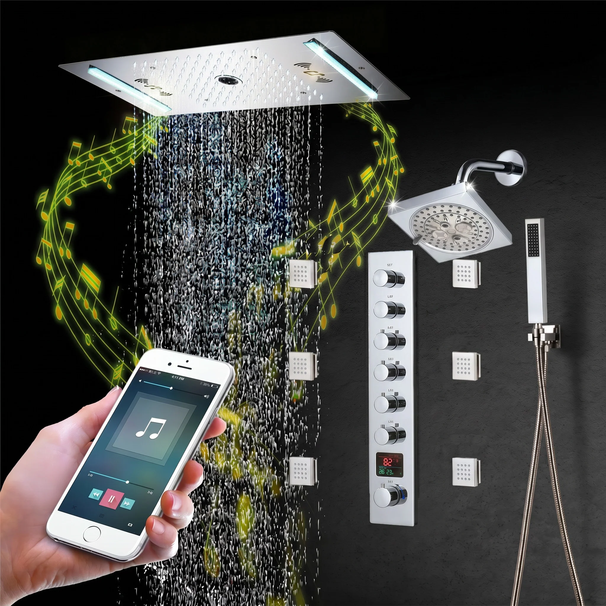 64 LED colors music led flushed in 24x12 inch 3 functions shower head 6 way thermostatic shower faucet with 6'' regular head and 6 body jets - Image 4