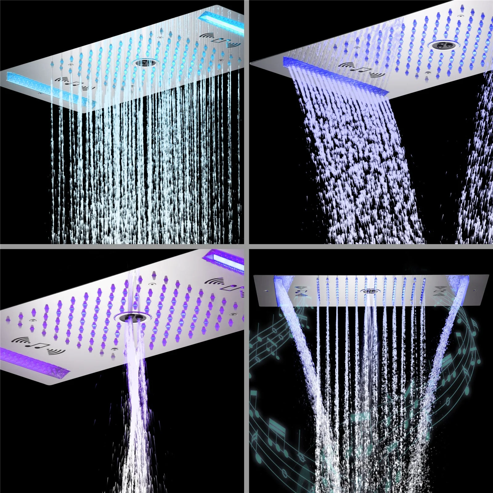 64 LED colors music led flushed in 24x12 inch 3 functions shower head 4 way thermostatic shower faucet ,4 finish colors options - Image 2