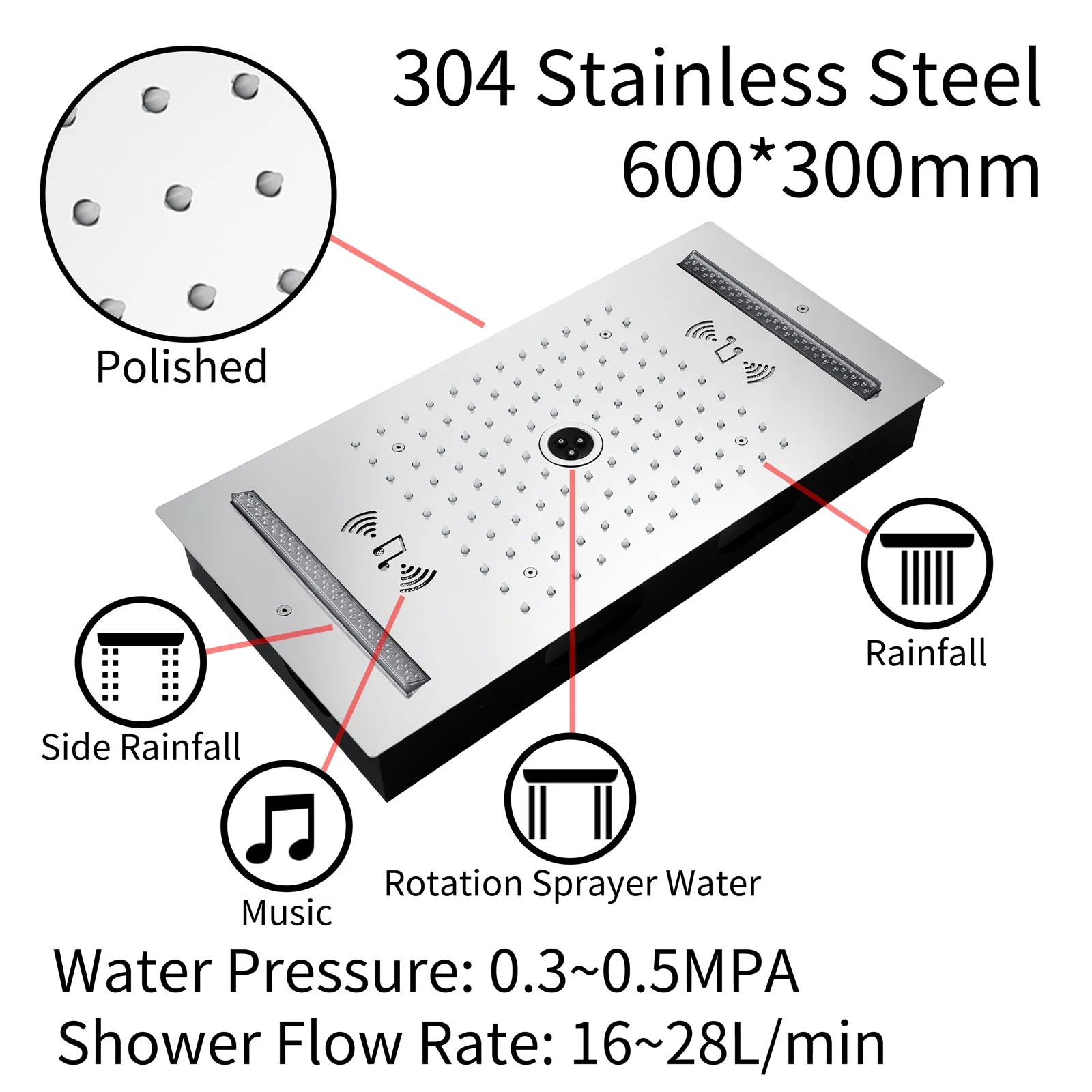 64 LED colors music led flushed in 24x12 inch 3 functions shower head 4 way thermostatic shower faucet ,4 finish colors options - Image 4