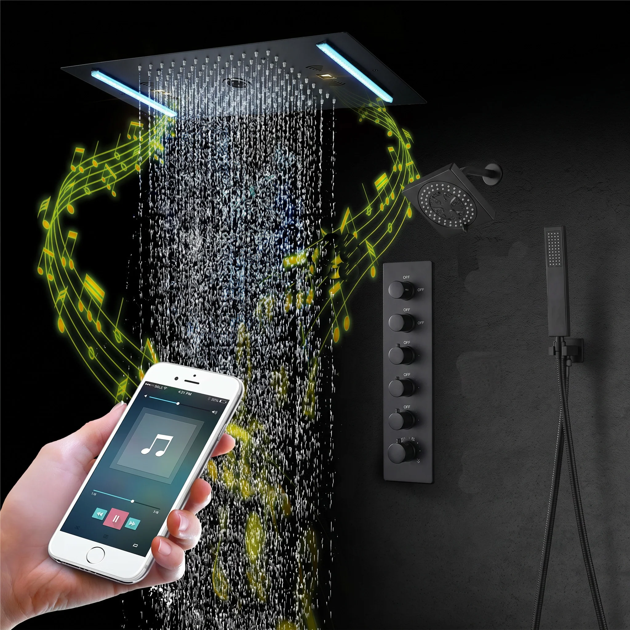 64 LED colors music led flushed in 24x12 inch 3 functions shower head 5 way thermostatic shower faucet with 6'' regular head 4 finish colors options - Image 10