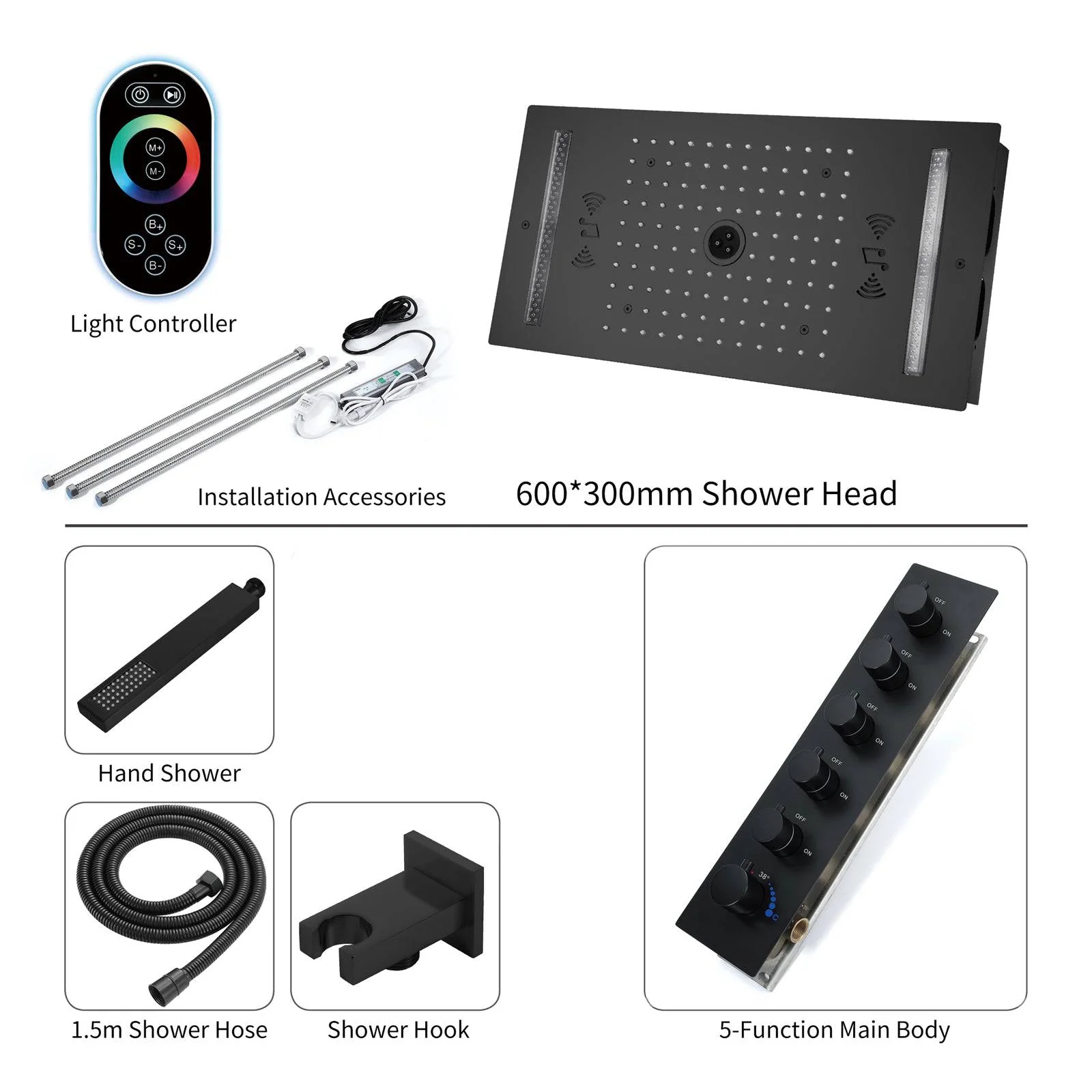 64 LED colors music led flushed in 24x12 inch 3 functions shower head 5 way thermostatic shower faucet with 6'' regular head 4 finish colors options - Image 14