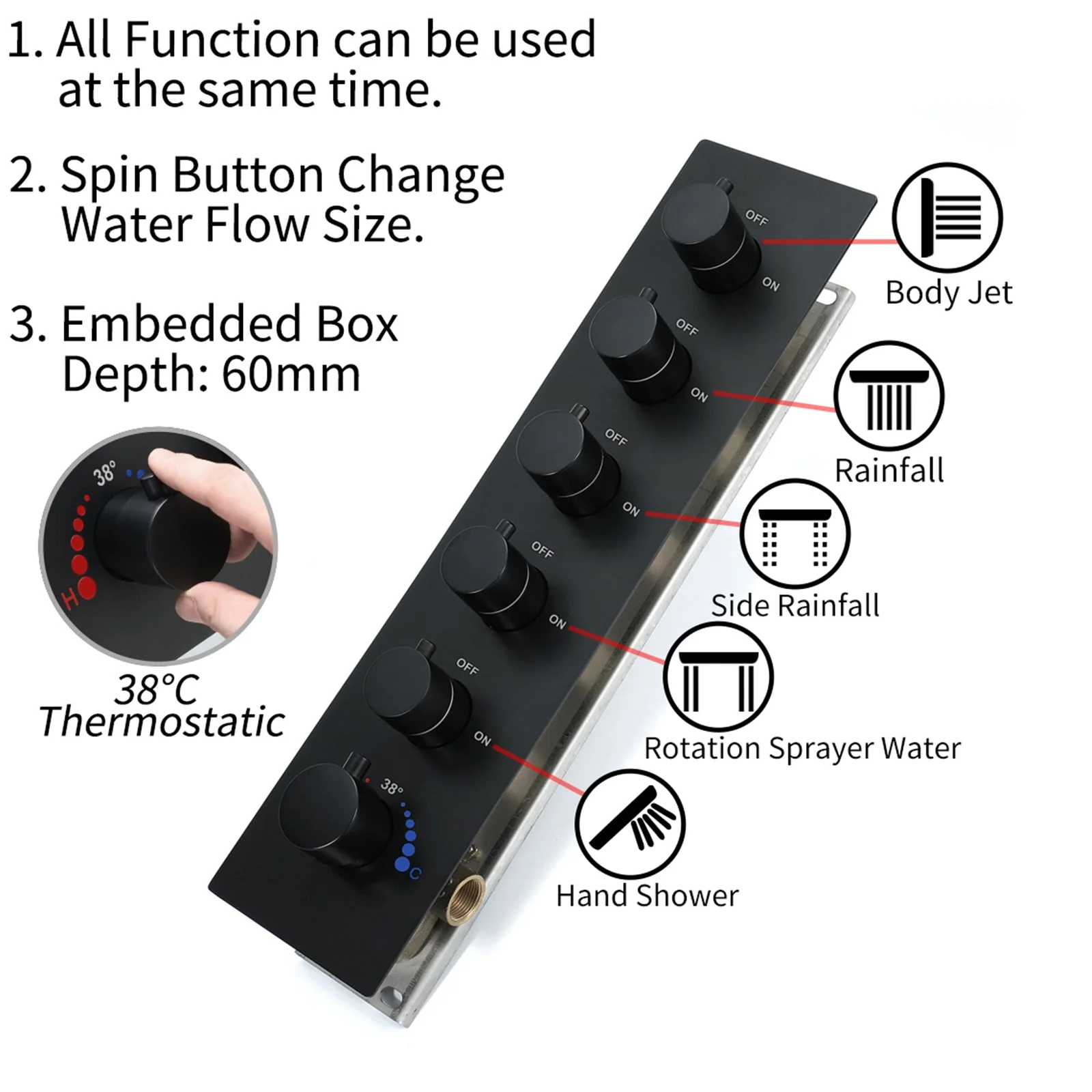64 LED colors music led flushed in 24x12 inch 3 functions shower head 5 way thermostatic shower faucet with 6'' regular head 4 finish colors options - Image 15