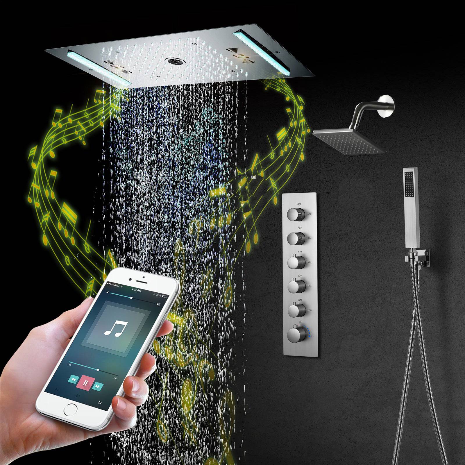 64 LED colors music led flushed in 24x12 inch 3 functions shower head 5 way thermostatic shower faucet with 6'' regular head 4 finish colors options - Image 17