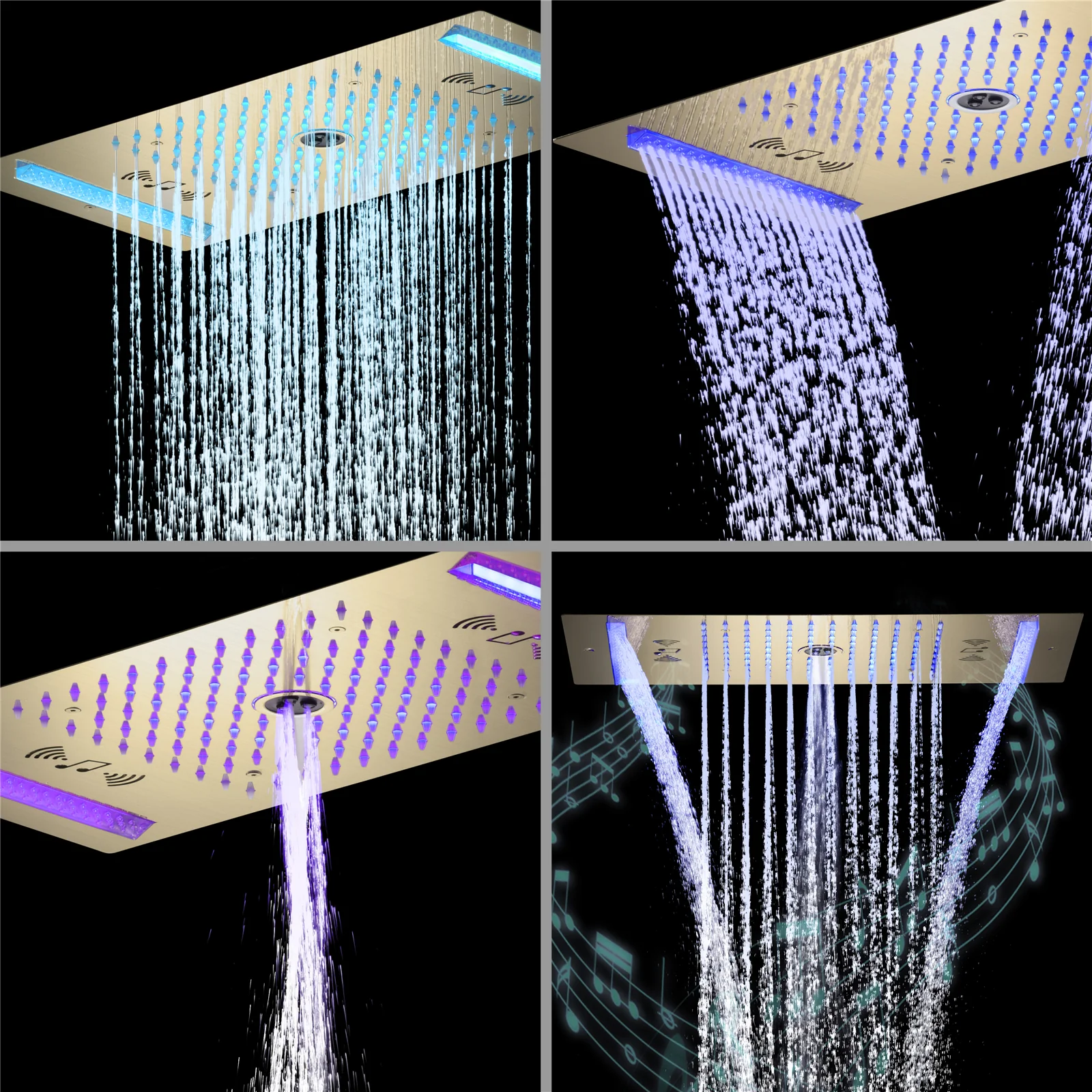 64 LED colors music led flushed in 24x12 inch 3 functions shower head 5 way thermostatic shower faucet with rotate-water massage body jets,4 finish colors options - Image 26
