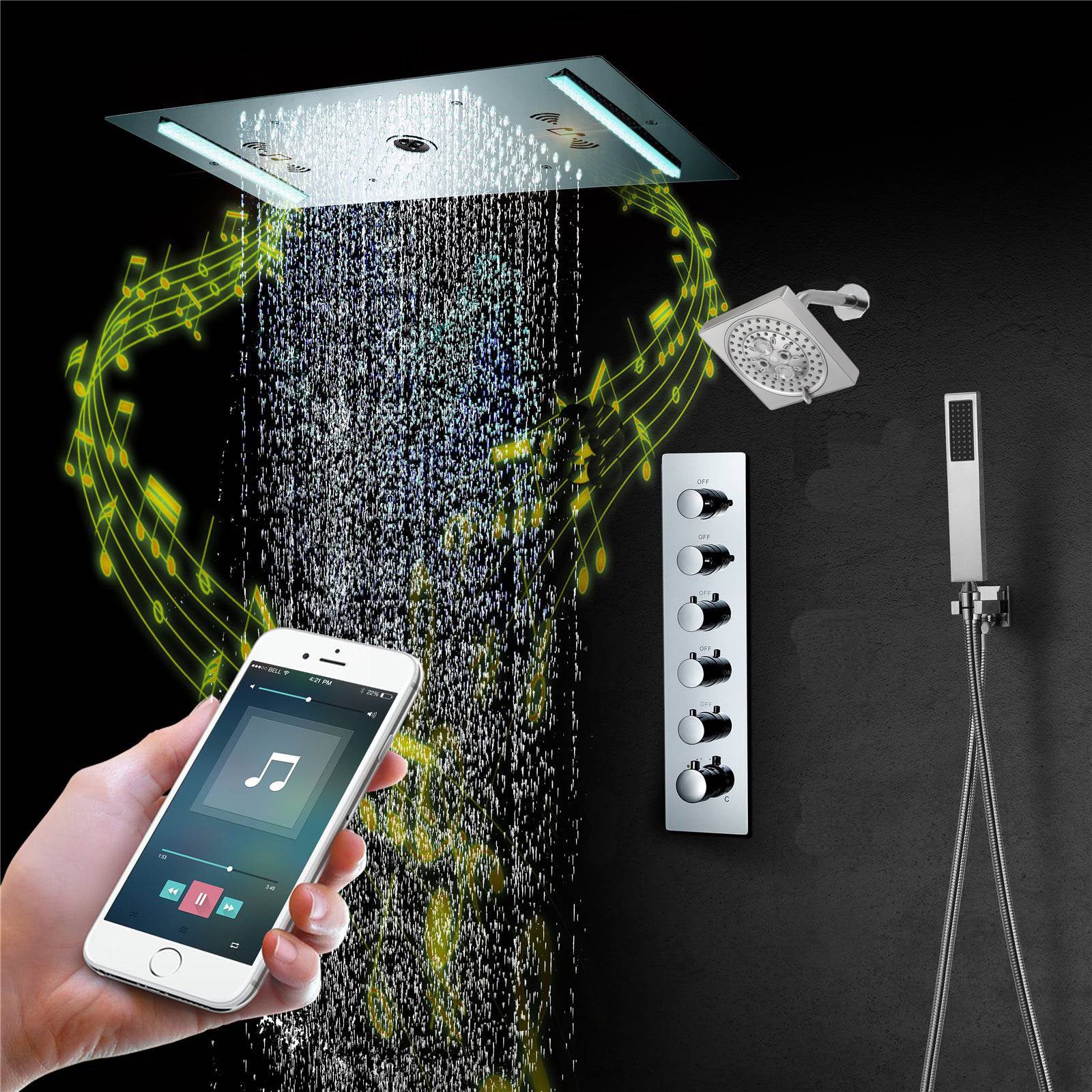 64 LED colors music led flushed in 24x12 inch 3 functions shower head 5 way thermostatic shower faucet with 6'' regular head 4 finish colors options - Image 2