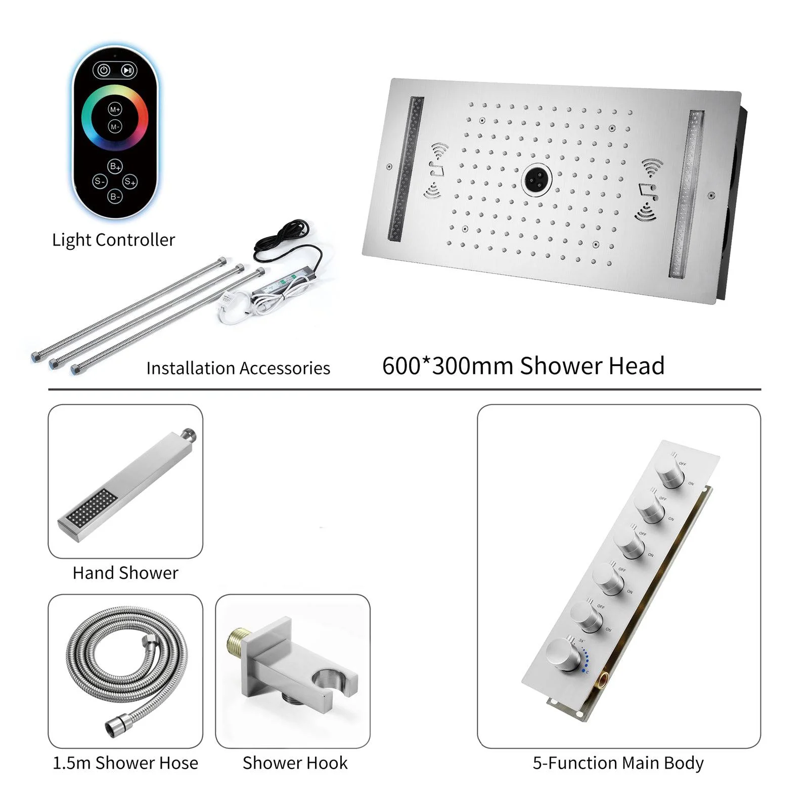 64 LED colors music led flushed in 24x12 inch 3 functions shower head 5 way thermostatic shower faucet with 6'' regular head 4 finish colors options - Image 20