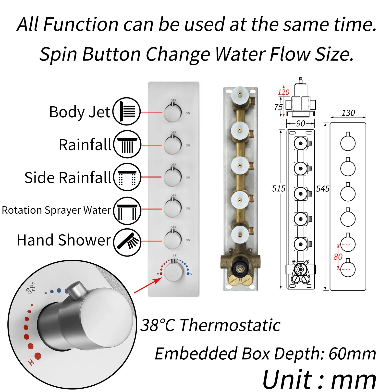 64 LED colors music led flushed in 24x12 inch 3 functions shower head 5 way thermostatic shower faucet with 6'' regular head 4 finish colors options - Image 22
