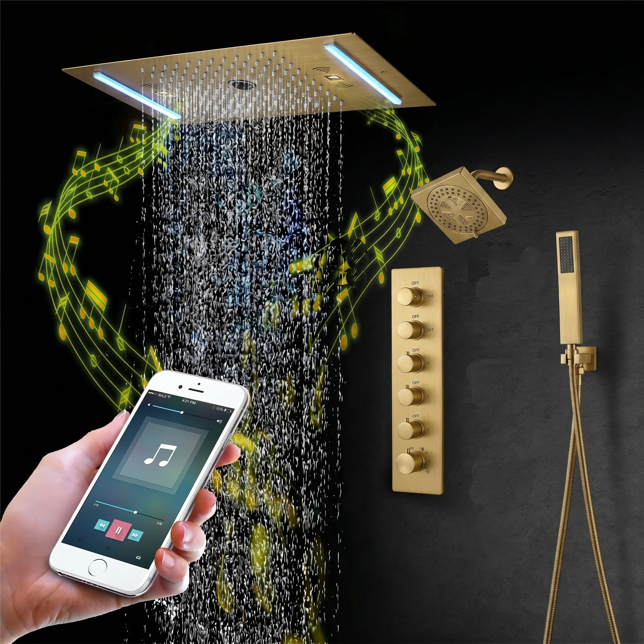 64 LED colors music led flushed in 24x12 inch 3 functions shower head 5 way thermostatic shower faucet with 6'' regular head 4 finish colors options - Image 25
