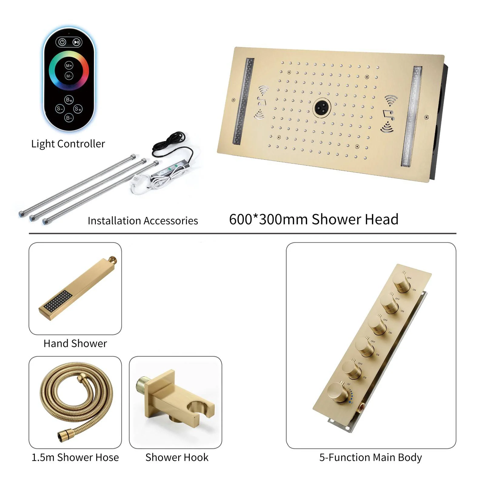 64 LED colors music led flushed in 24x12 inch 3 functions shower head 5 way thermostatic shower faucet with 6'' regular head 4 finish colors options - Image 29